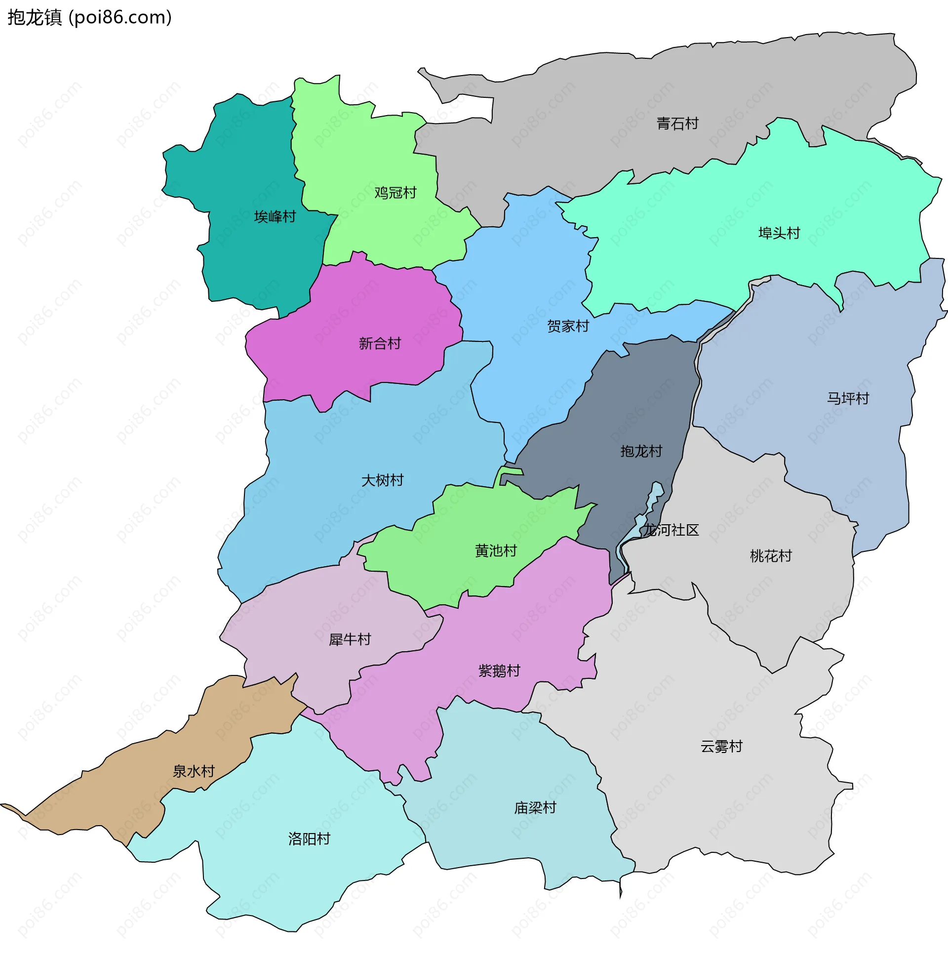 抱龙镇边界地图(五级行政区划)