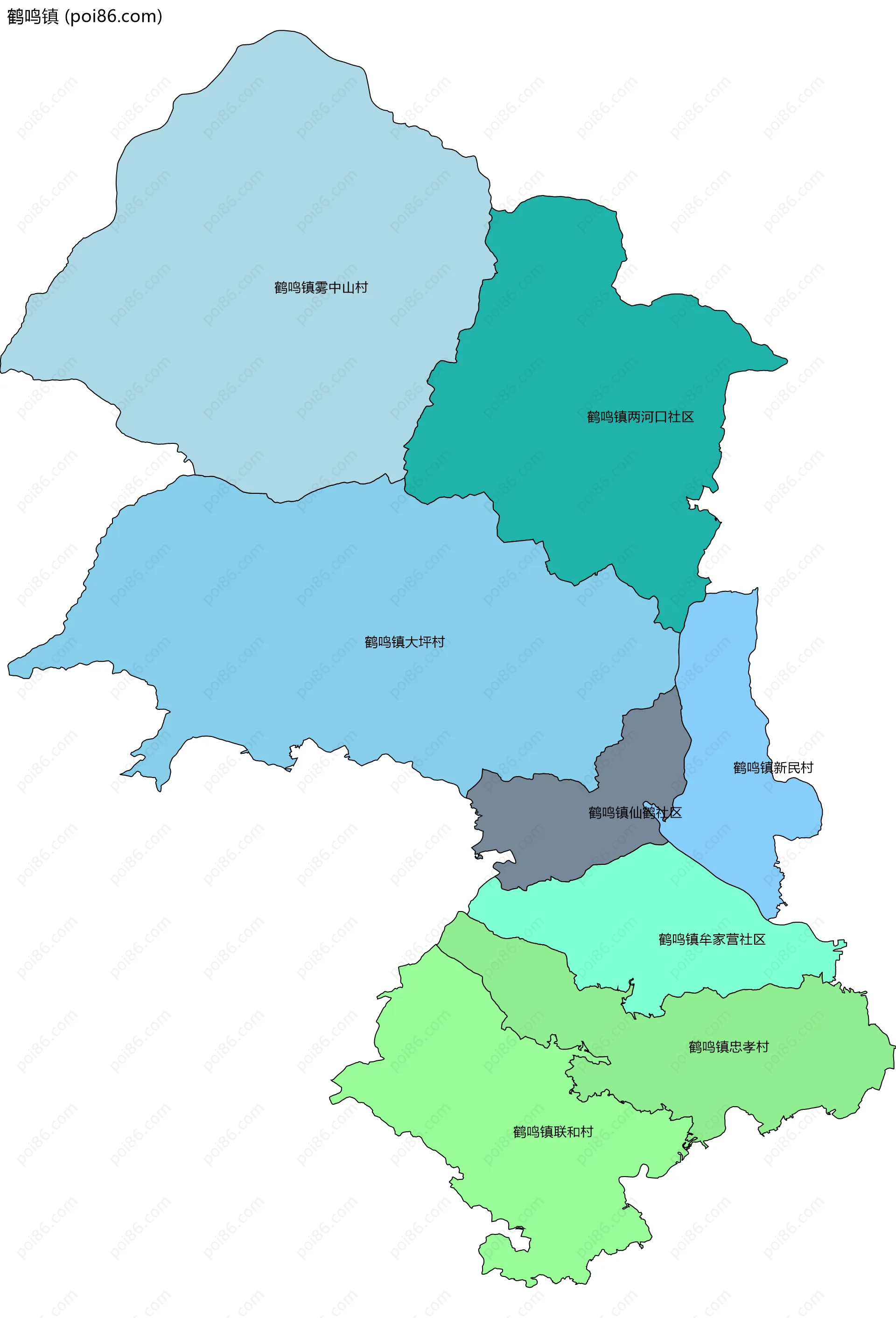 鹤鸣镇边界地图(五级行政区划)