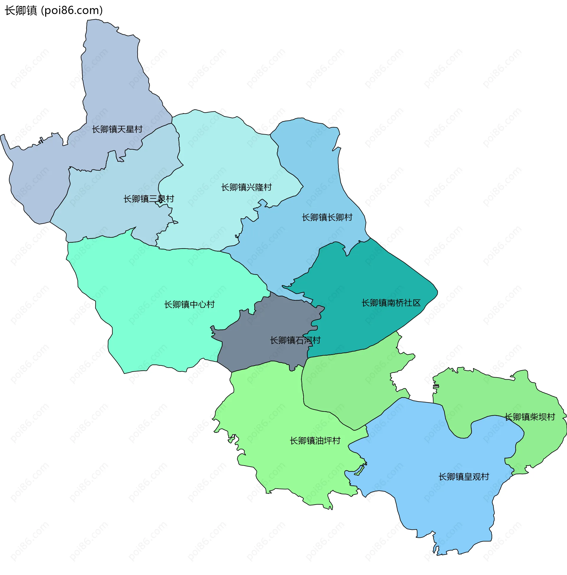 长卿镇边界地图(五级行政区划)