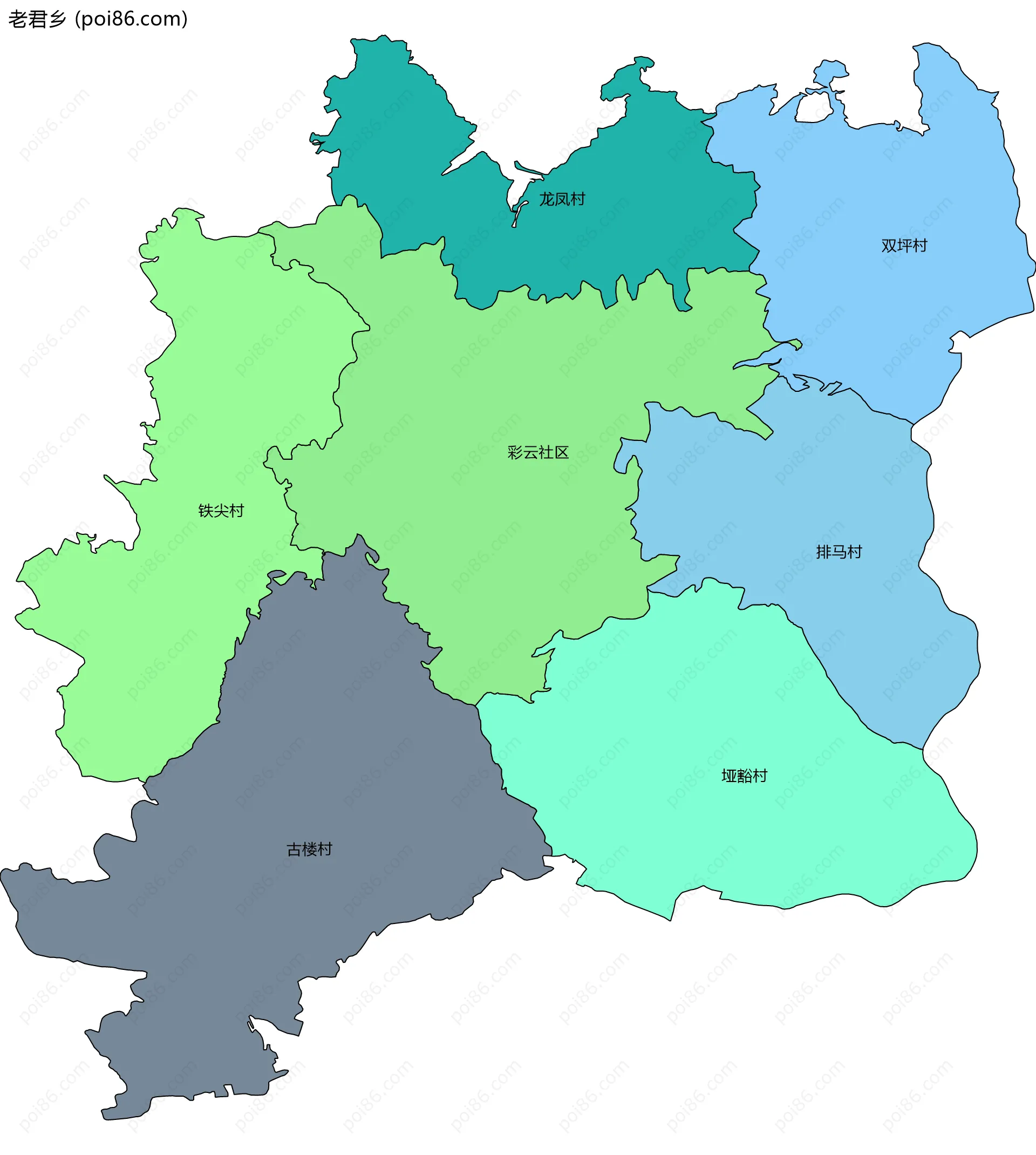 老君乡边界地图(五级行政区划)