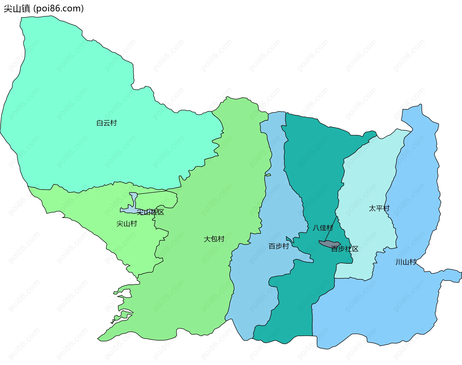 尖山镇边界地图(五级行政区划)