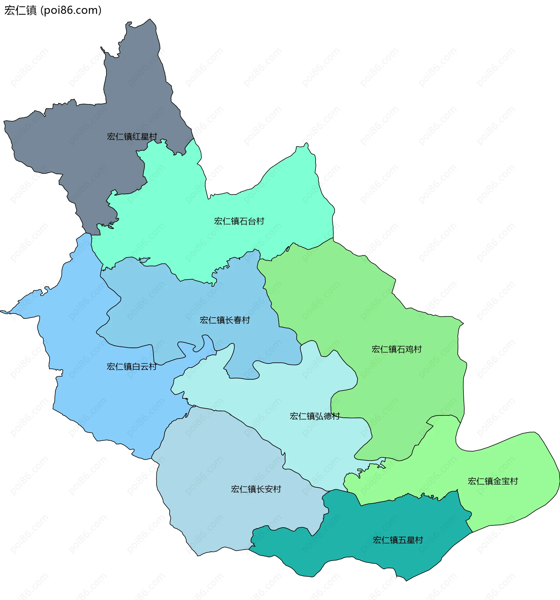 宏仁镇边界地图(五级行政区划)