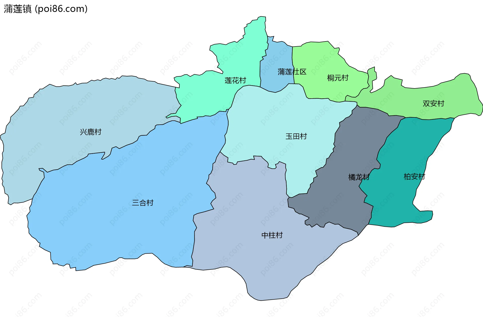 蒲莲镇边界地图(五级行政区划)