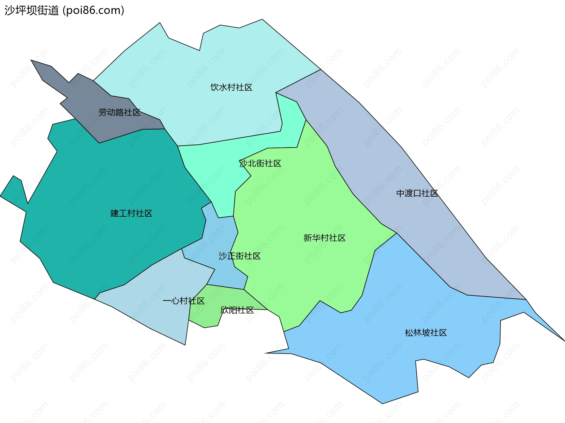 沙坪坝街道边界地图(五级行政区划)