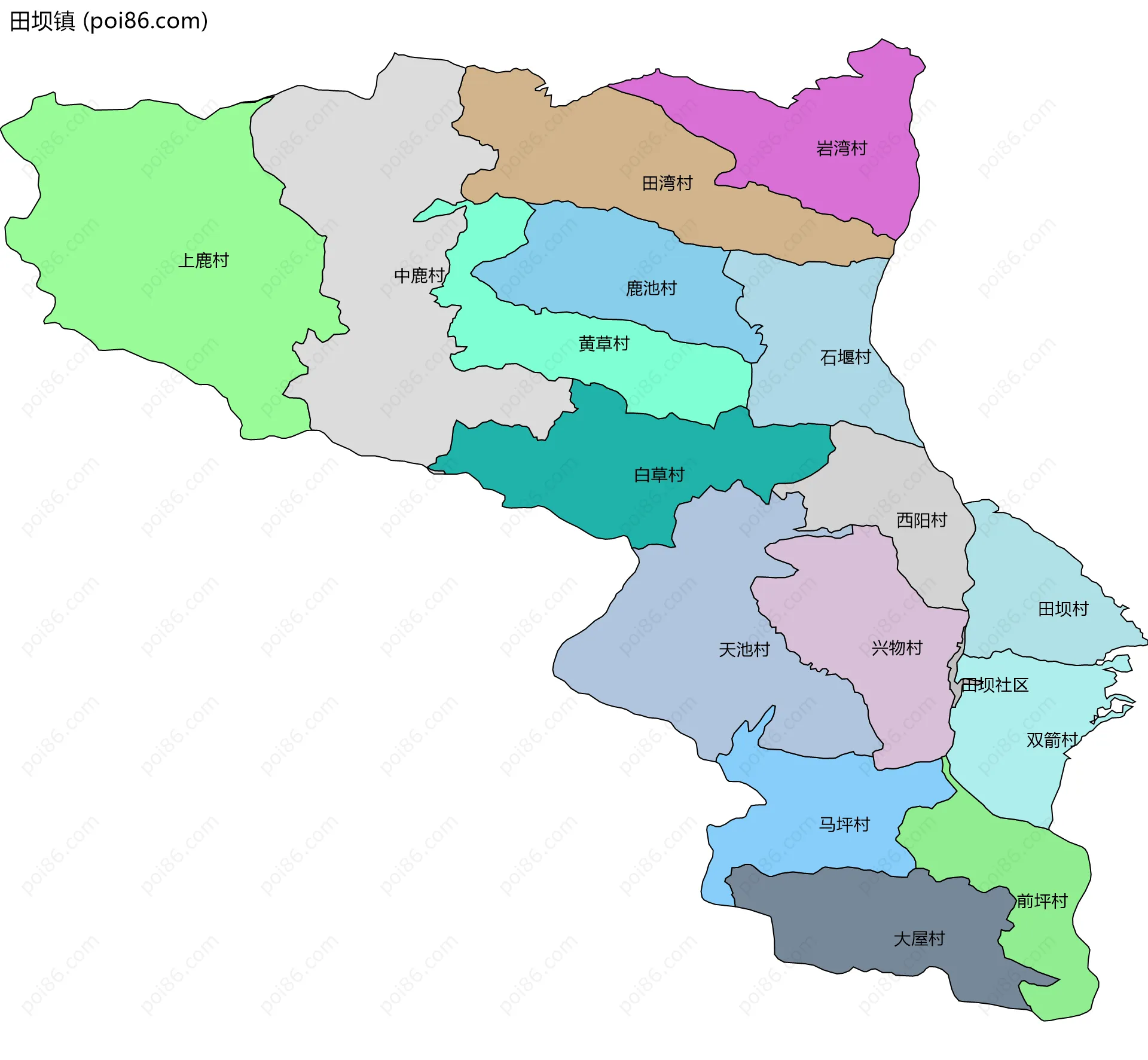 田坝镇边界地图(五级行政区划)