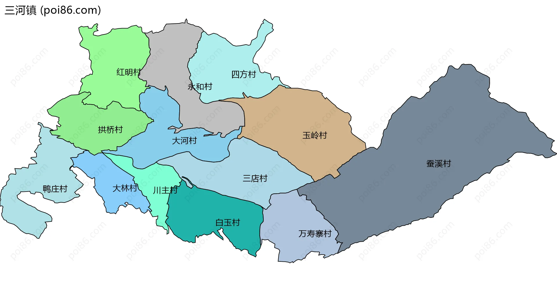 三河镇边界地图(五级行政区划)