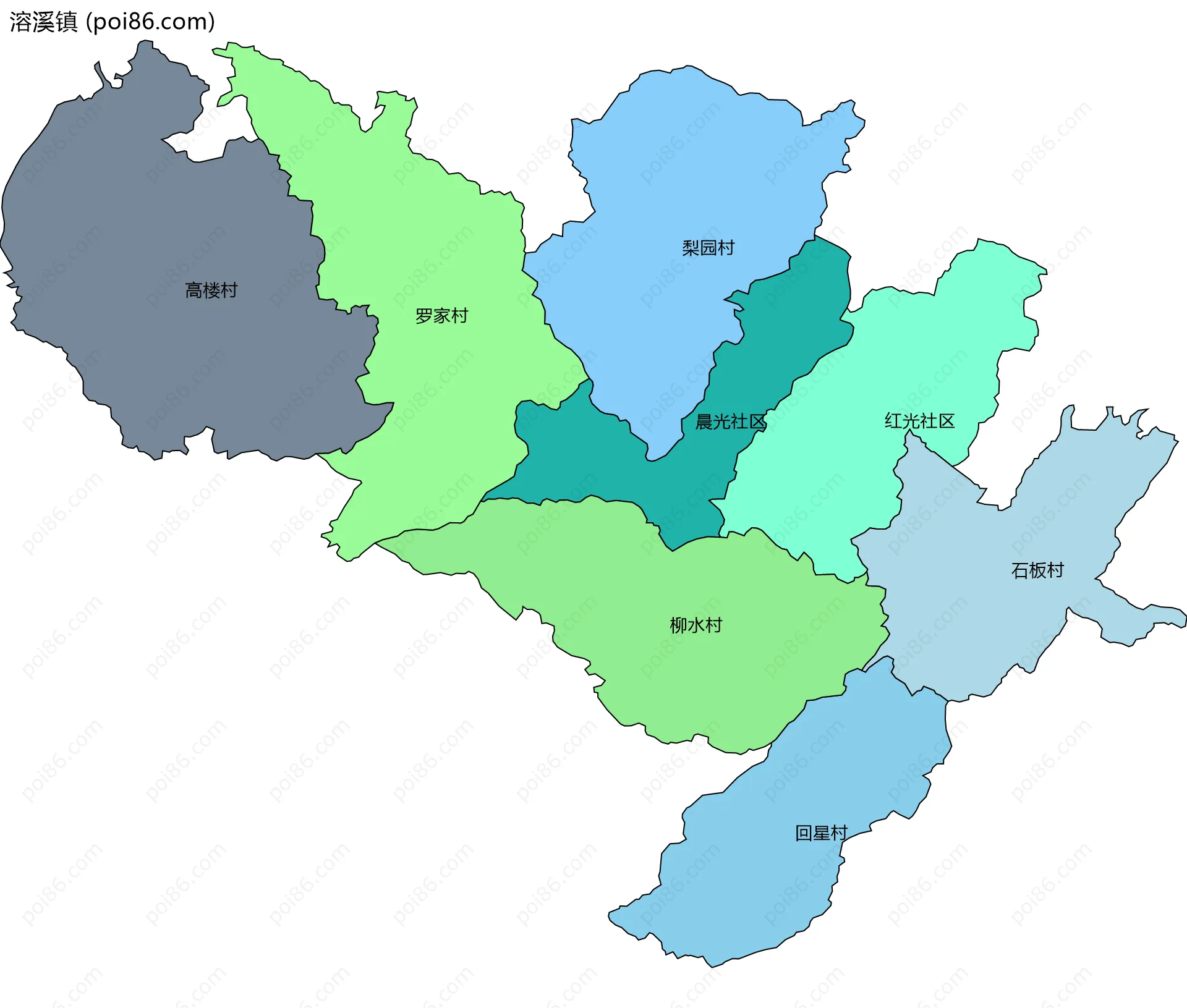 溶溪镇边界地图(五级行政区划)