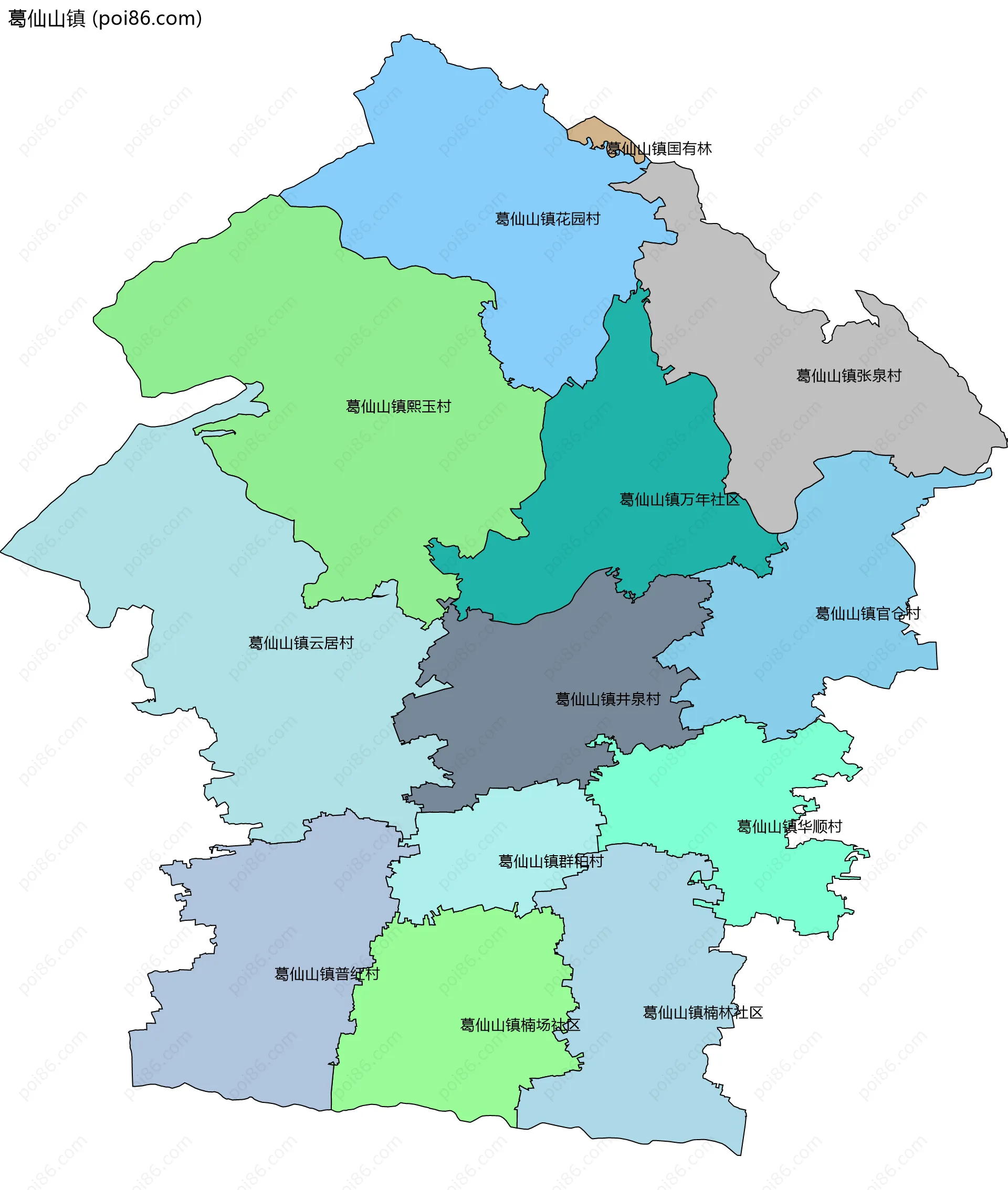 葛仙山镇边界地图(五级行政区划)