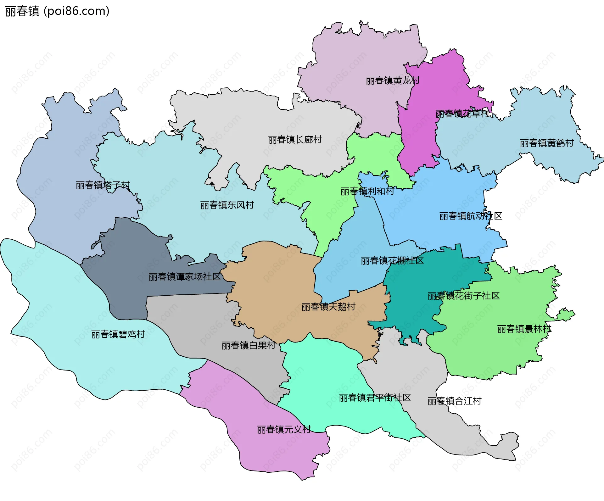 丽春镇边界地图(五级行政区划)