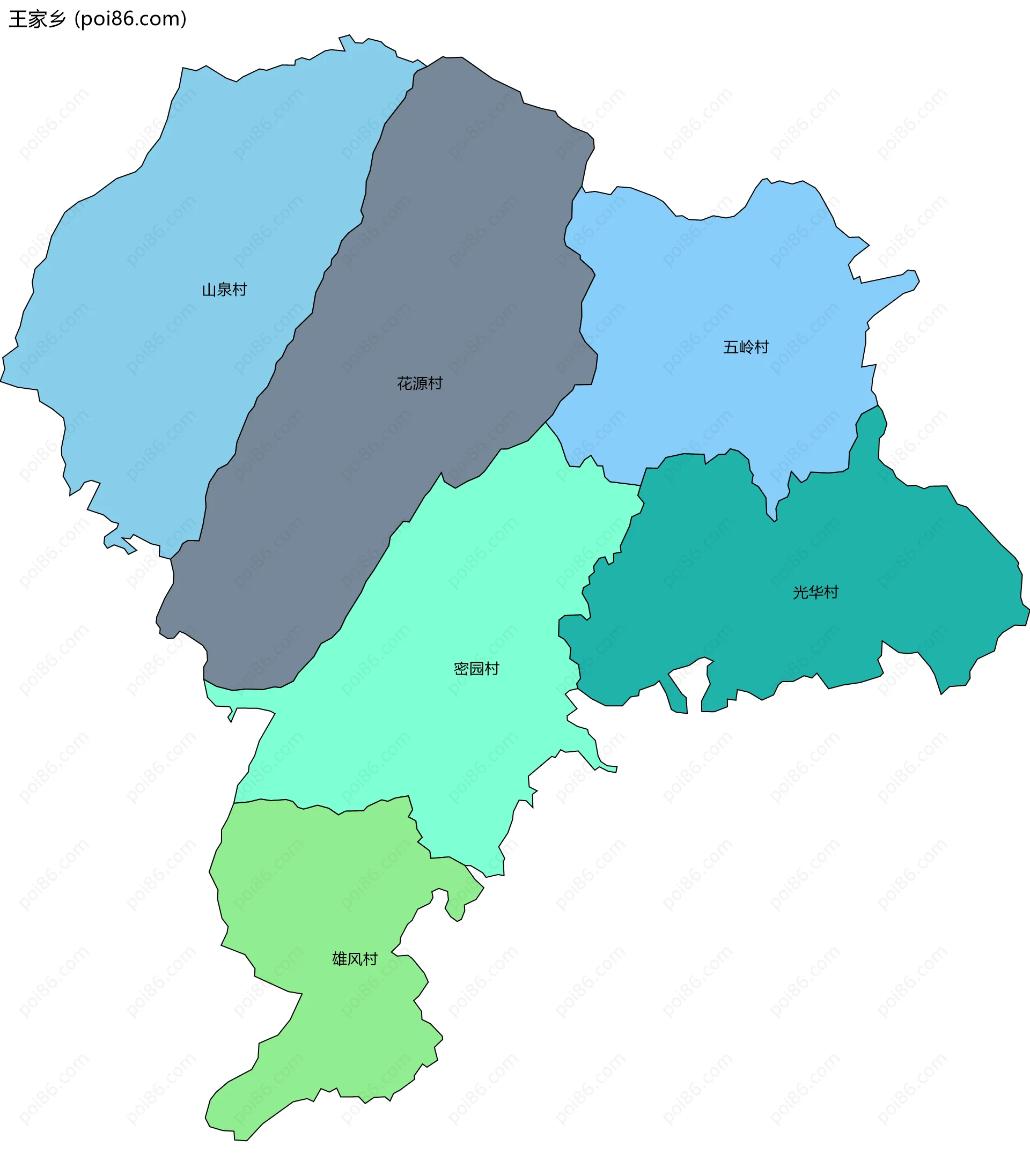 王家乡边界地图(五级行政区划)