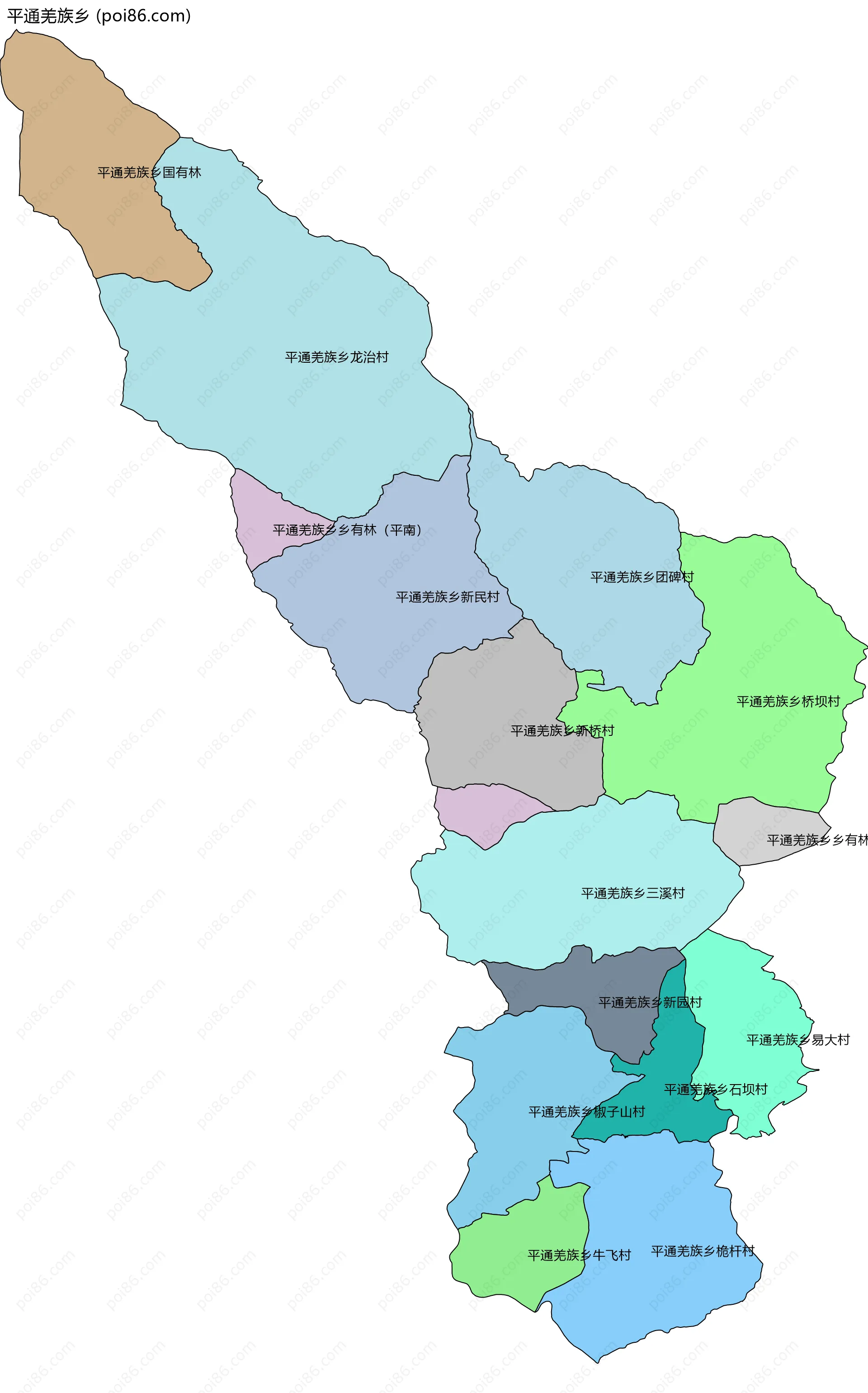 平通羌族乡边界地图(五级行政区划)