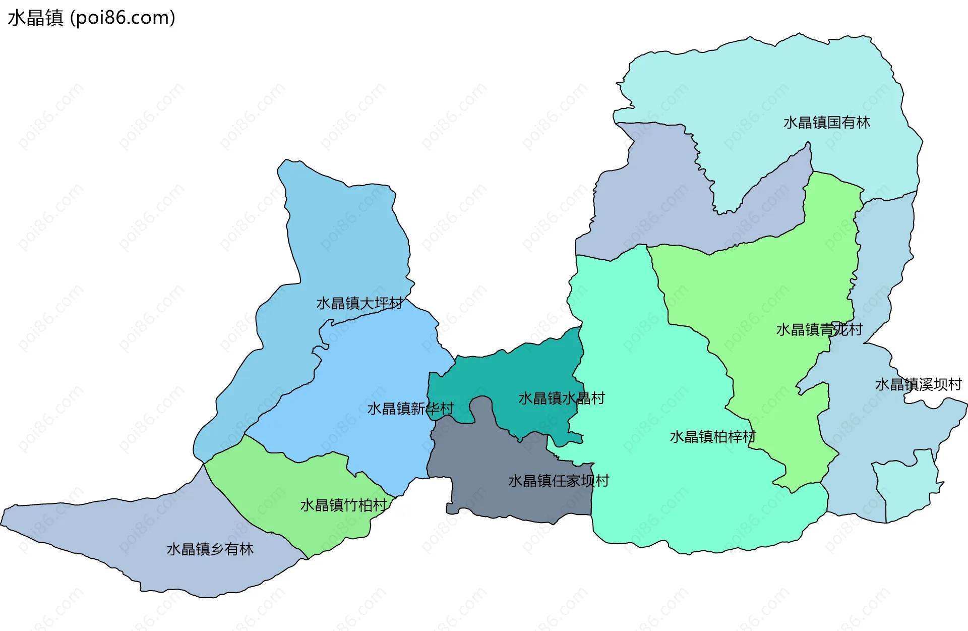 水晶镇边界地图(五级行政区划)