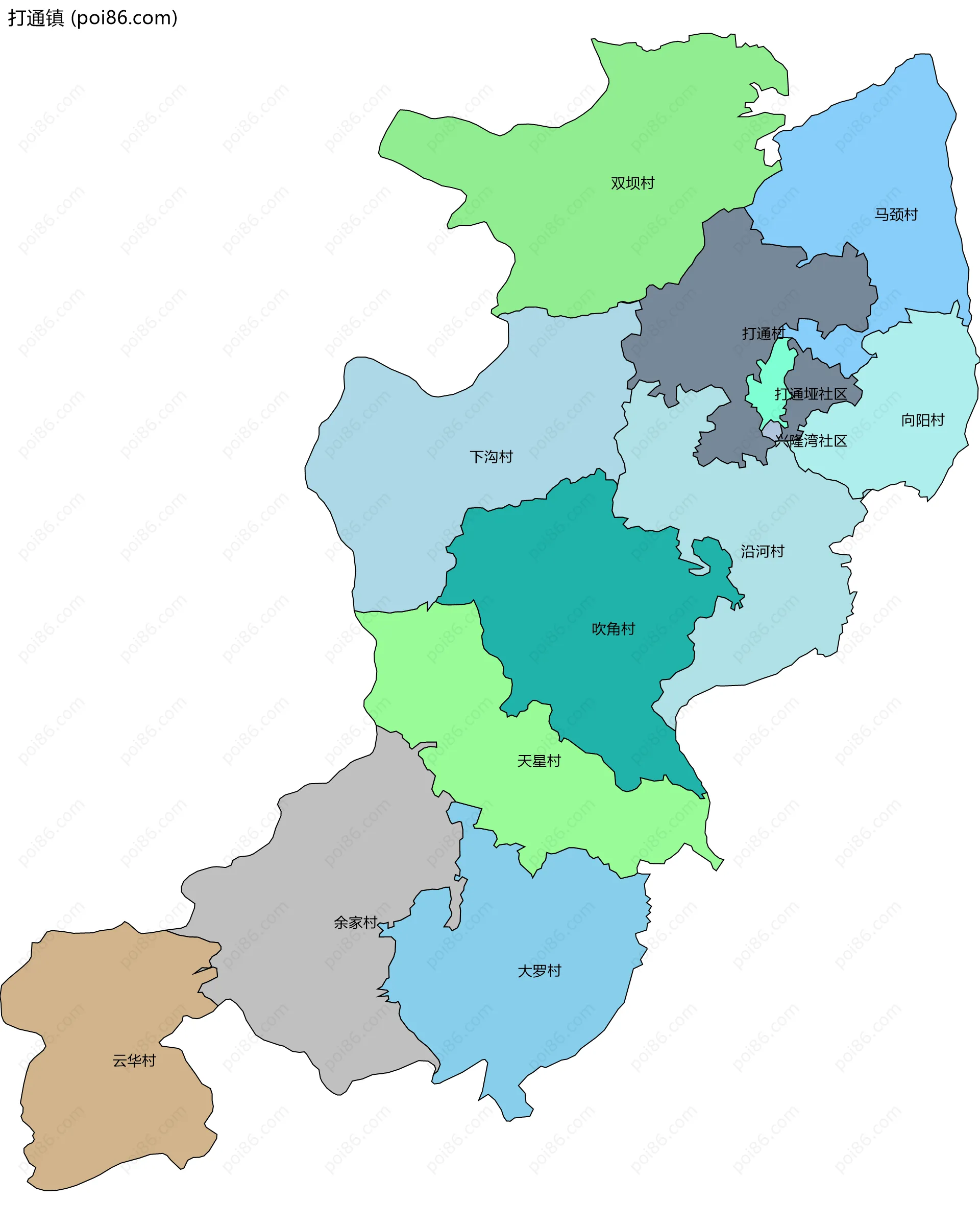 打通镇边界地图(五级行政区划)