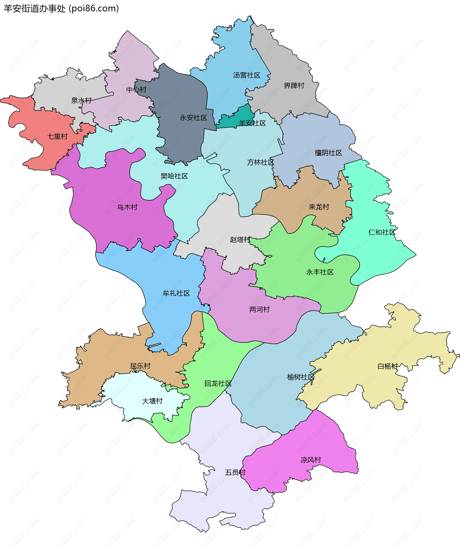 羊安街道办事处边界地图(五级行政区划)