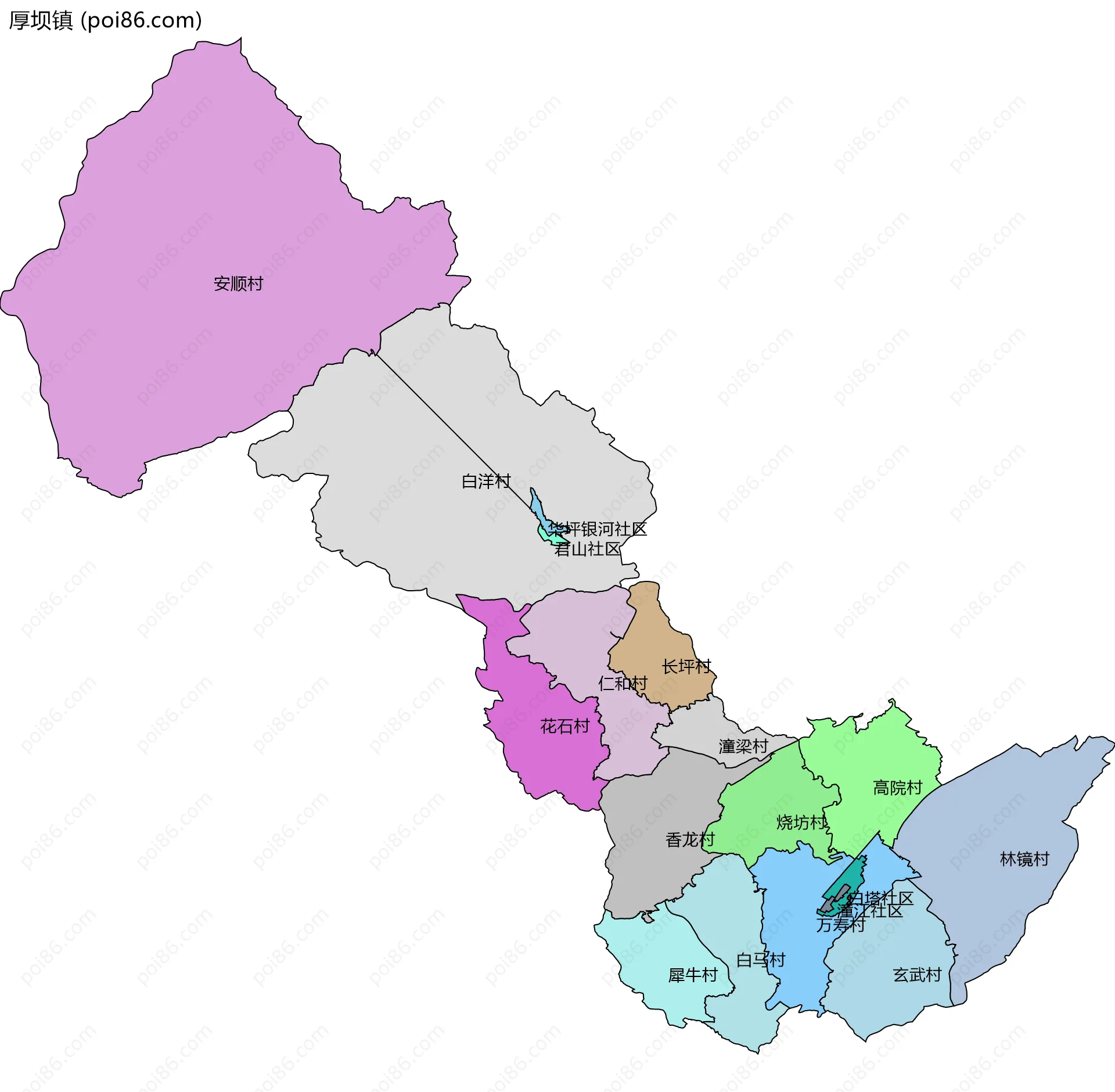 厚坝镇边界地图(五级行政区划)