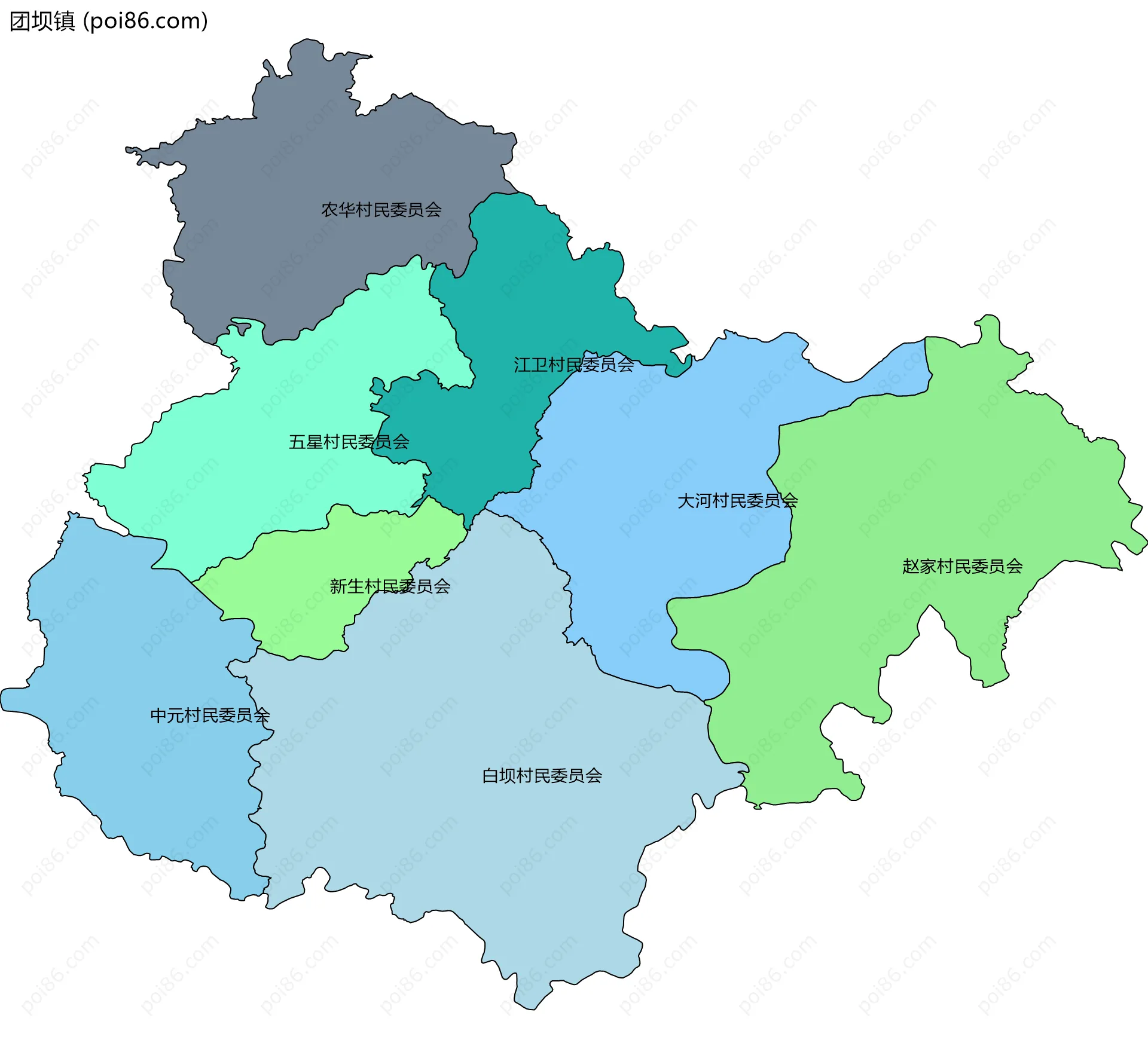 团坝镇边界地图(五级行政区划)