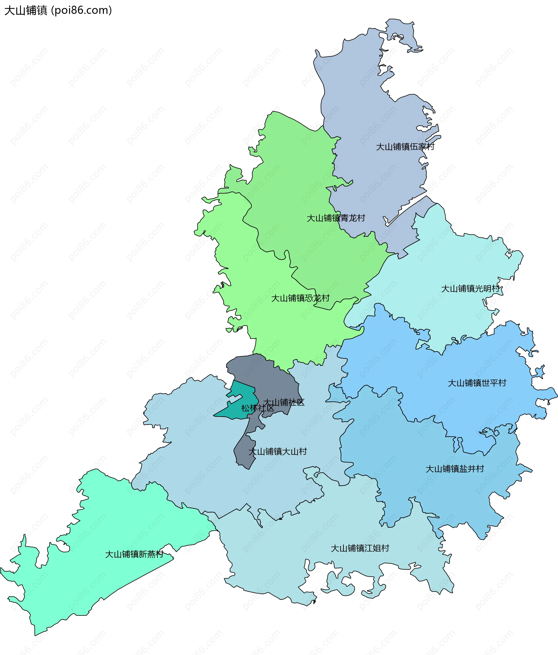 大山铺镇边界地图(五级行政区划)