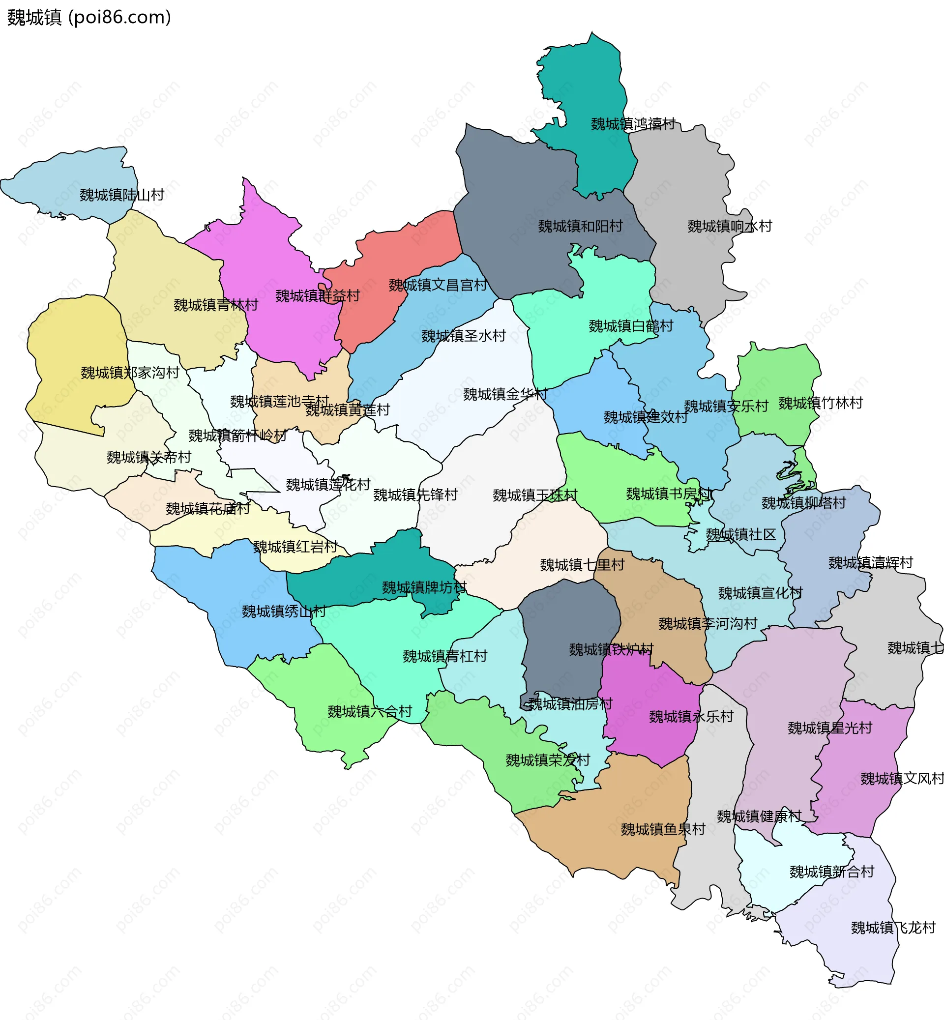 魏城镇边界地图(五级行政区划)