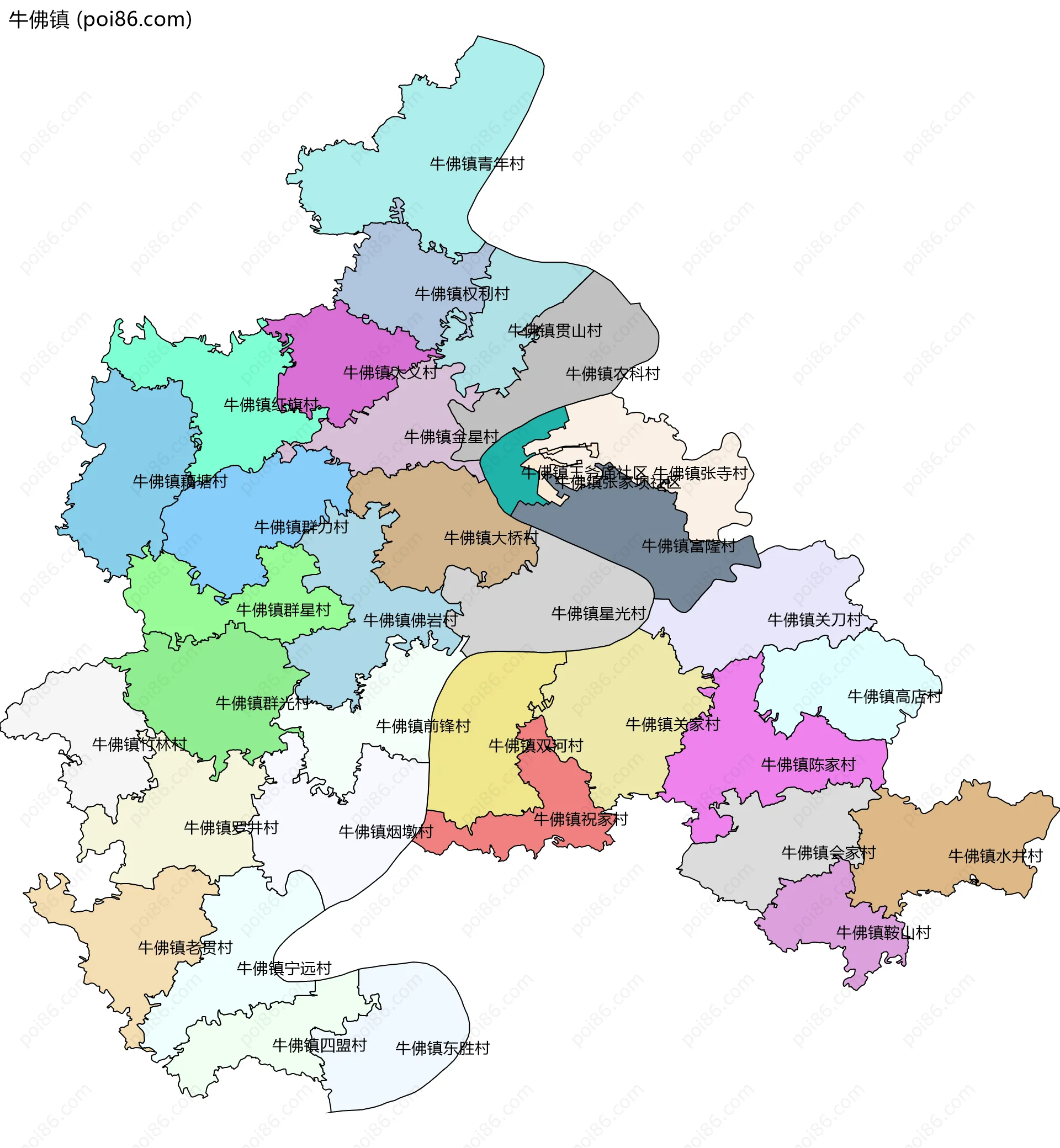 牛佛镇边界地图(五级行政区划)