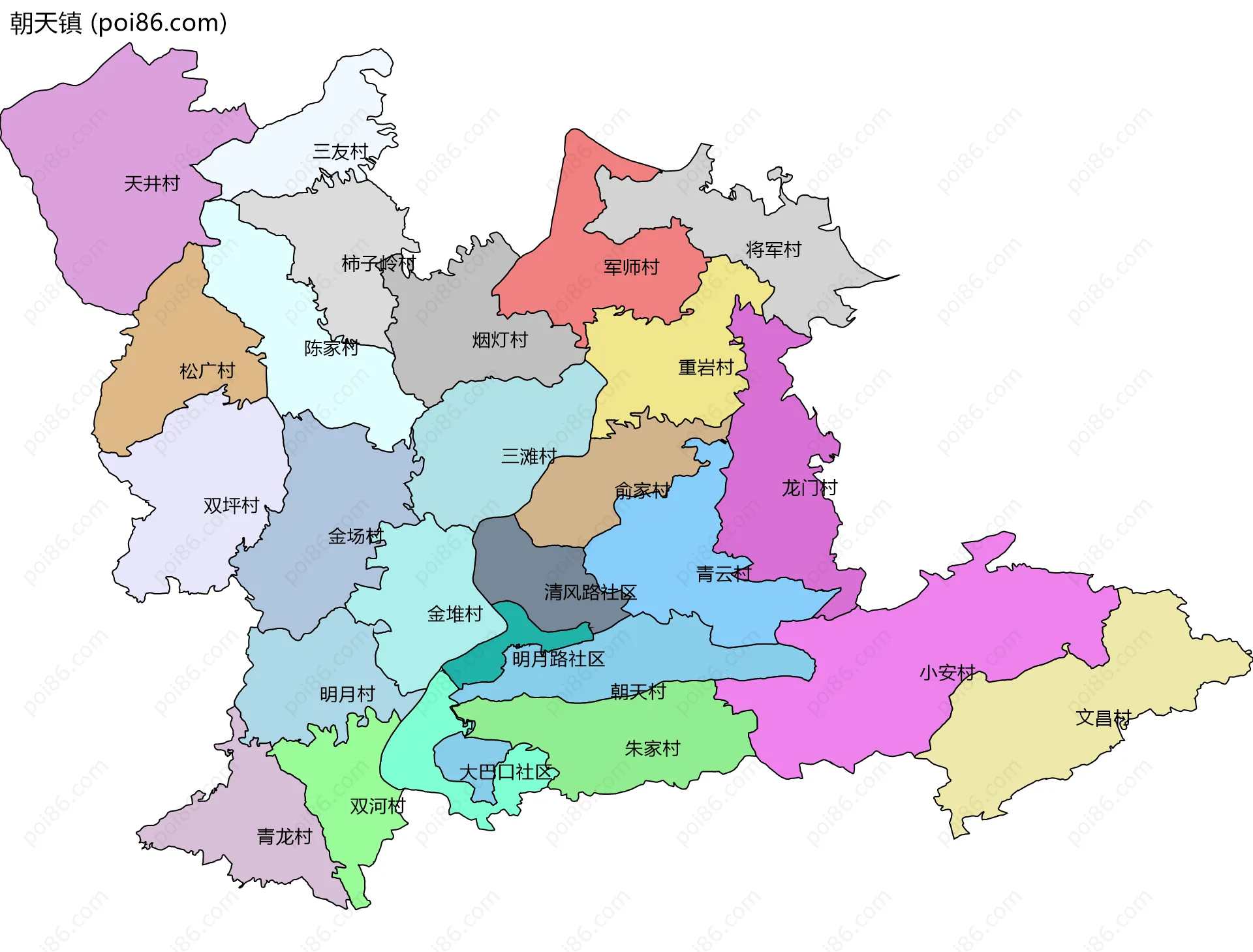 朝天镇边界地图(五级行政区划)