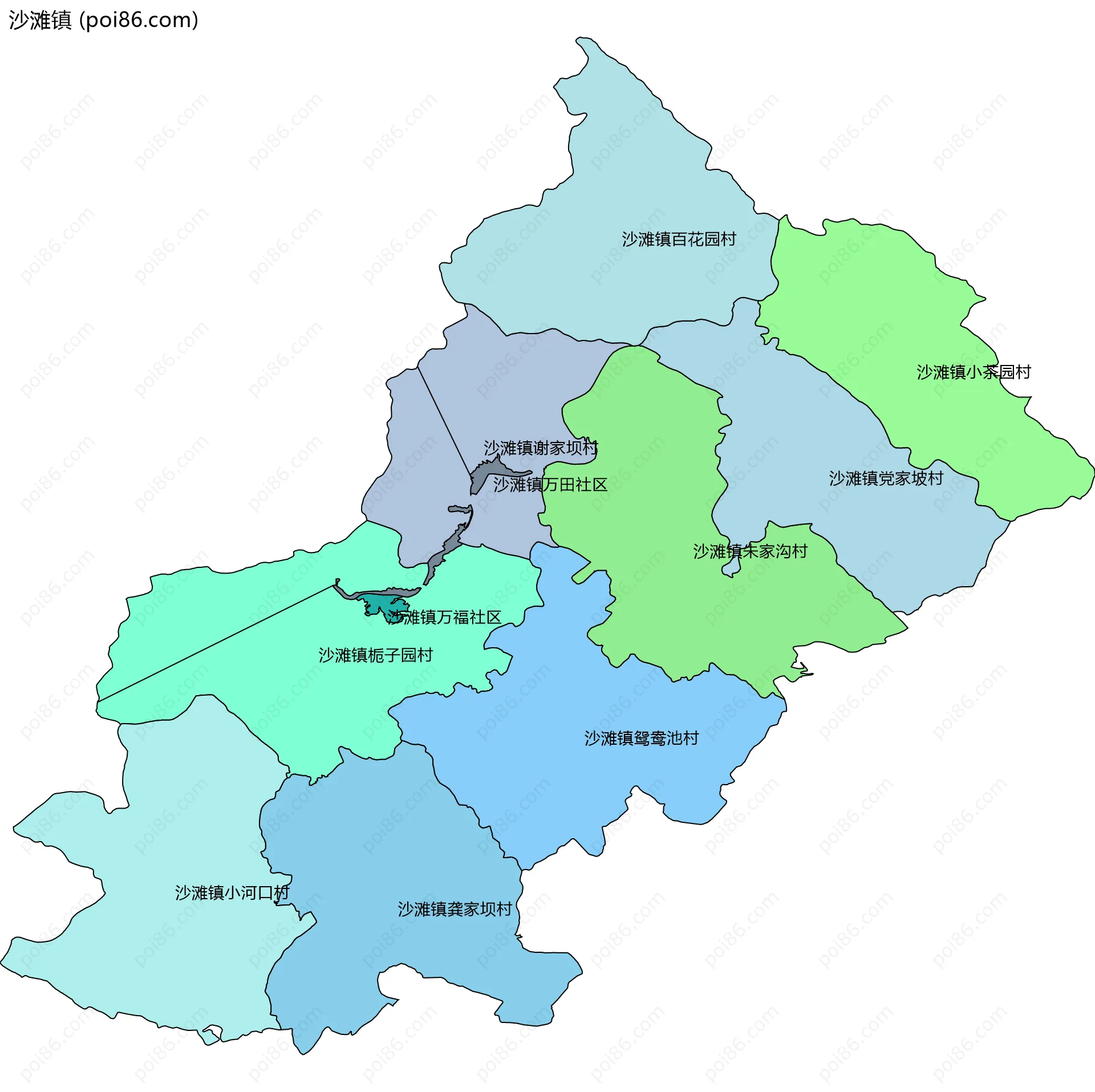 沙滩镇边界地图(五级行政区划)