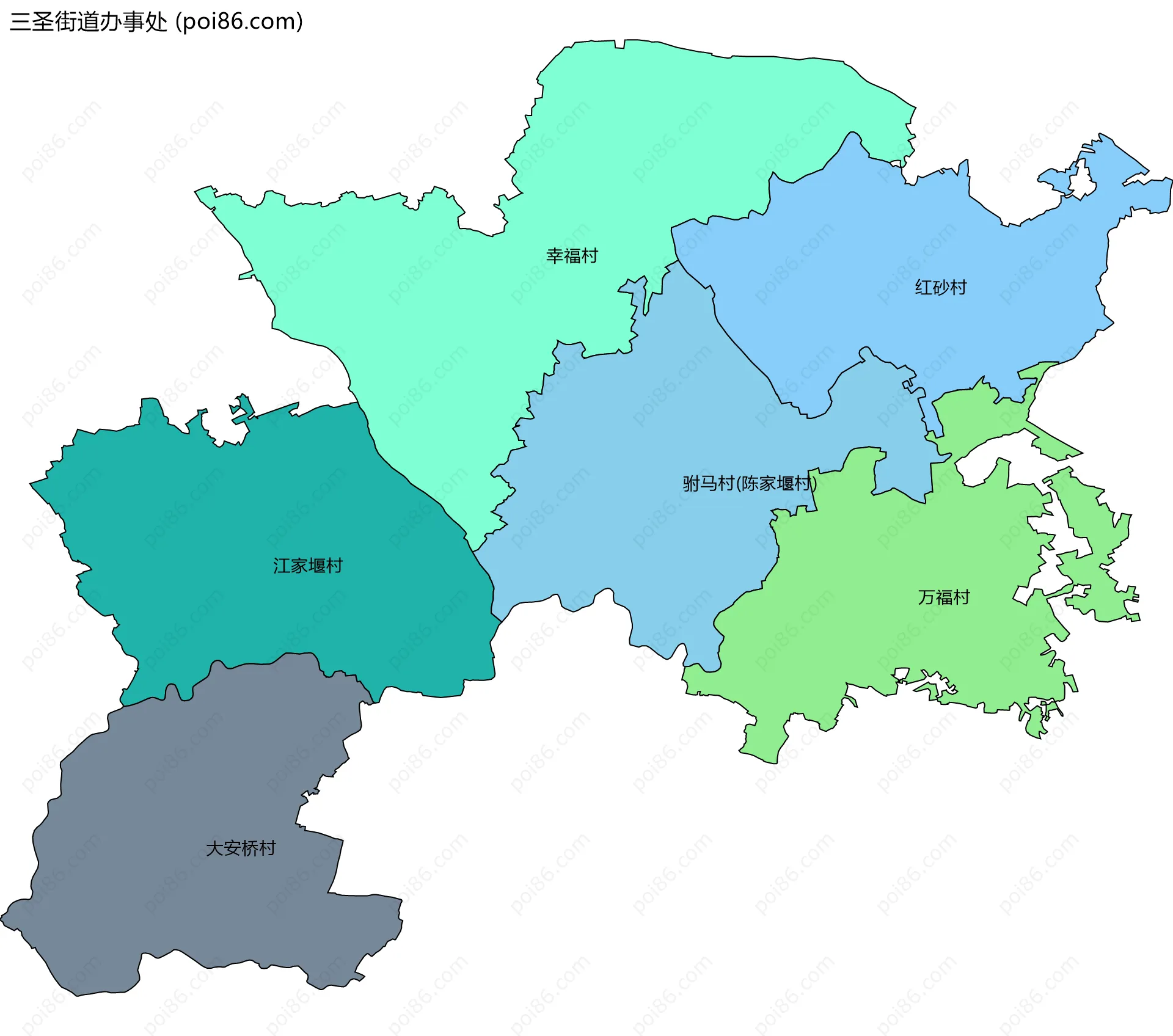 三圣街道办事处边界地图(五级行政区划)