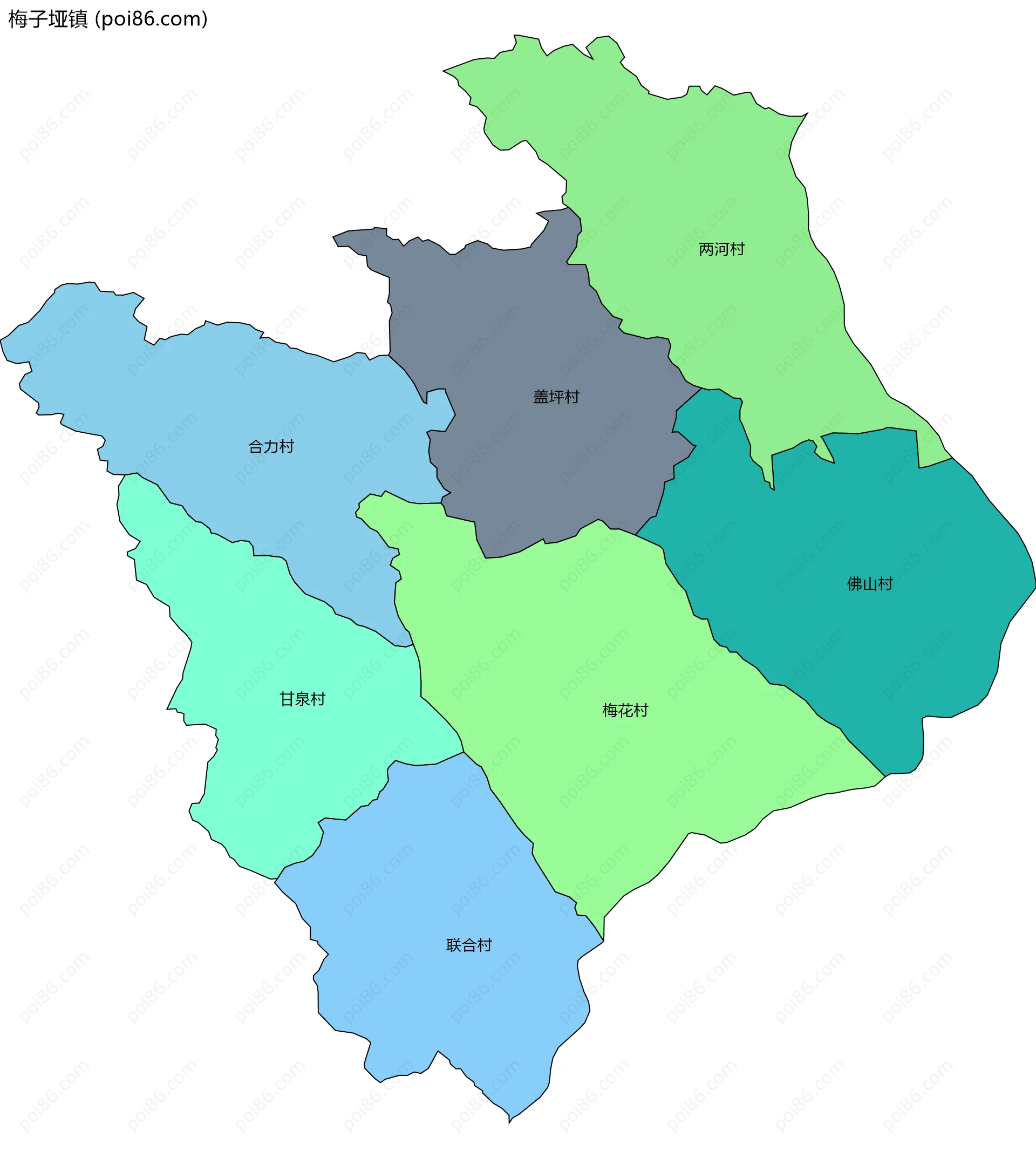 梅子垭镇边界地图(五级行政区划)
