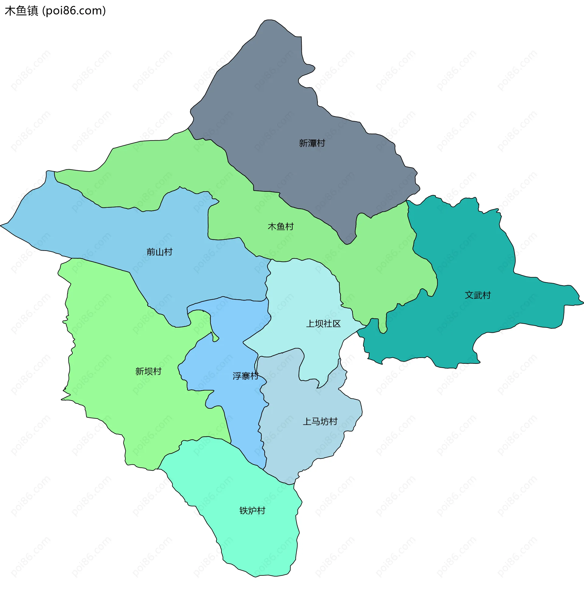 木鱼镇边界地图(五级行政区划)