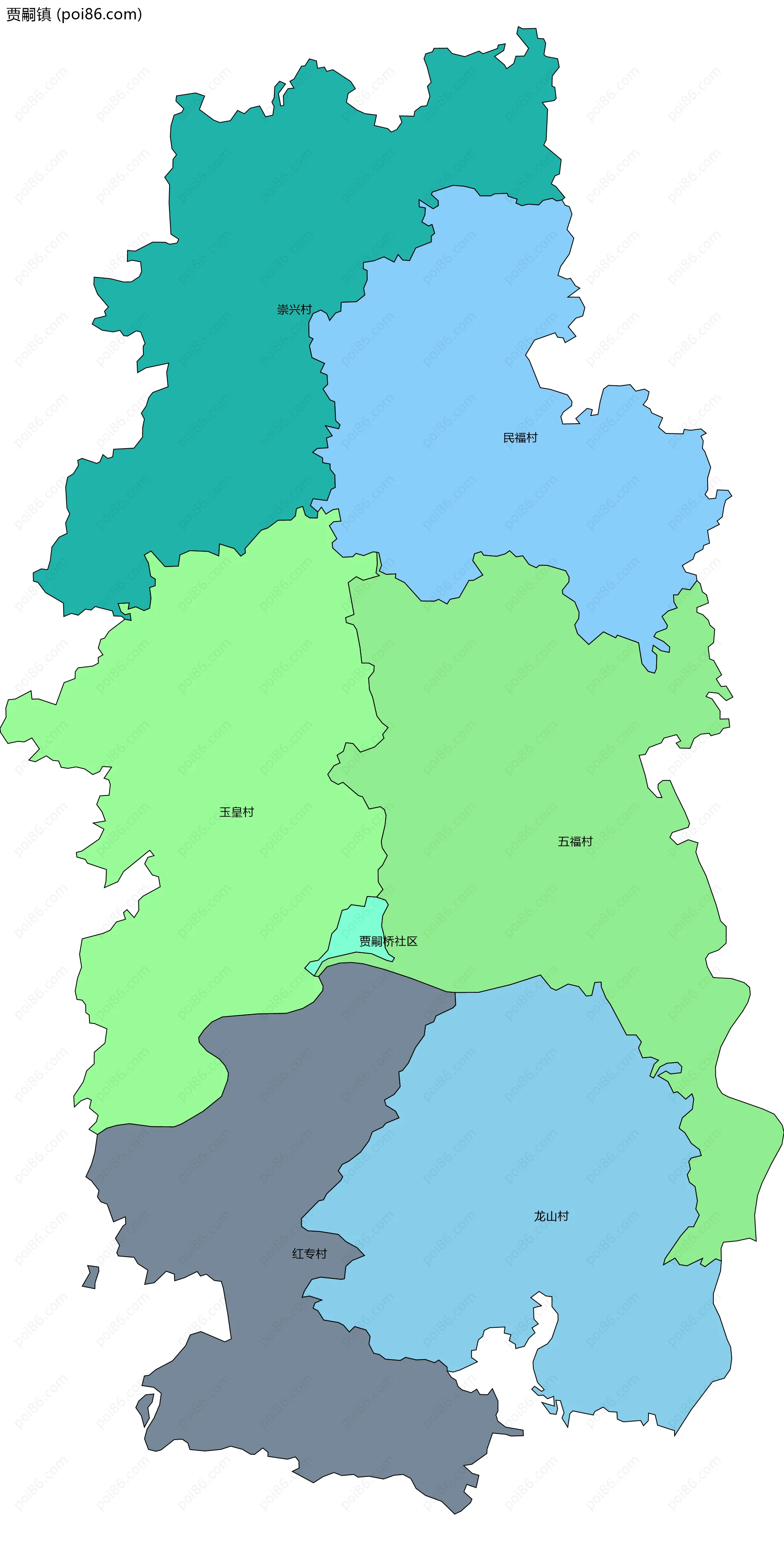 贾嗣镇边界地图(五级行政区划)