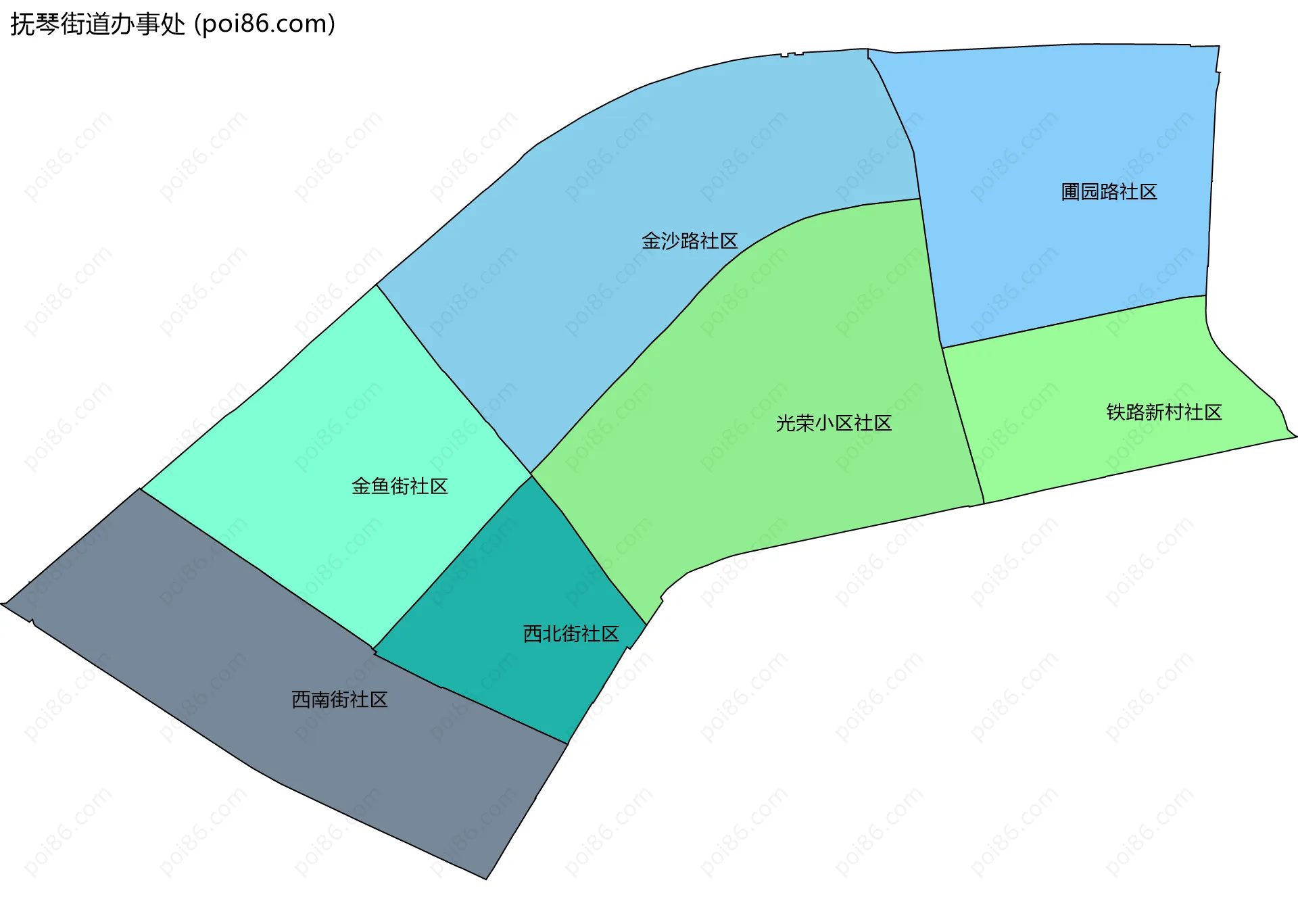 抚琴街道办事处边界地图(五级行政区划)