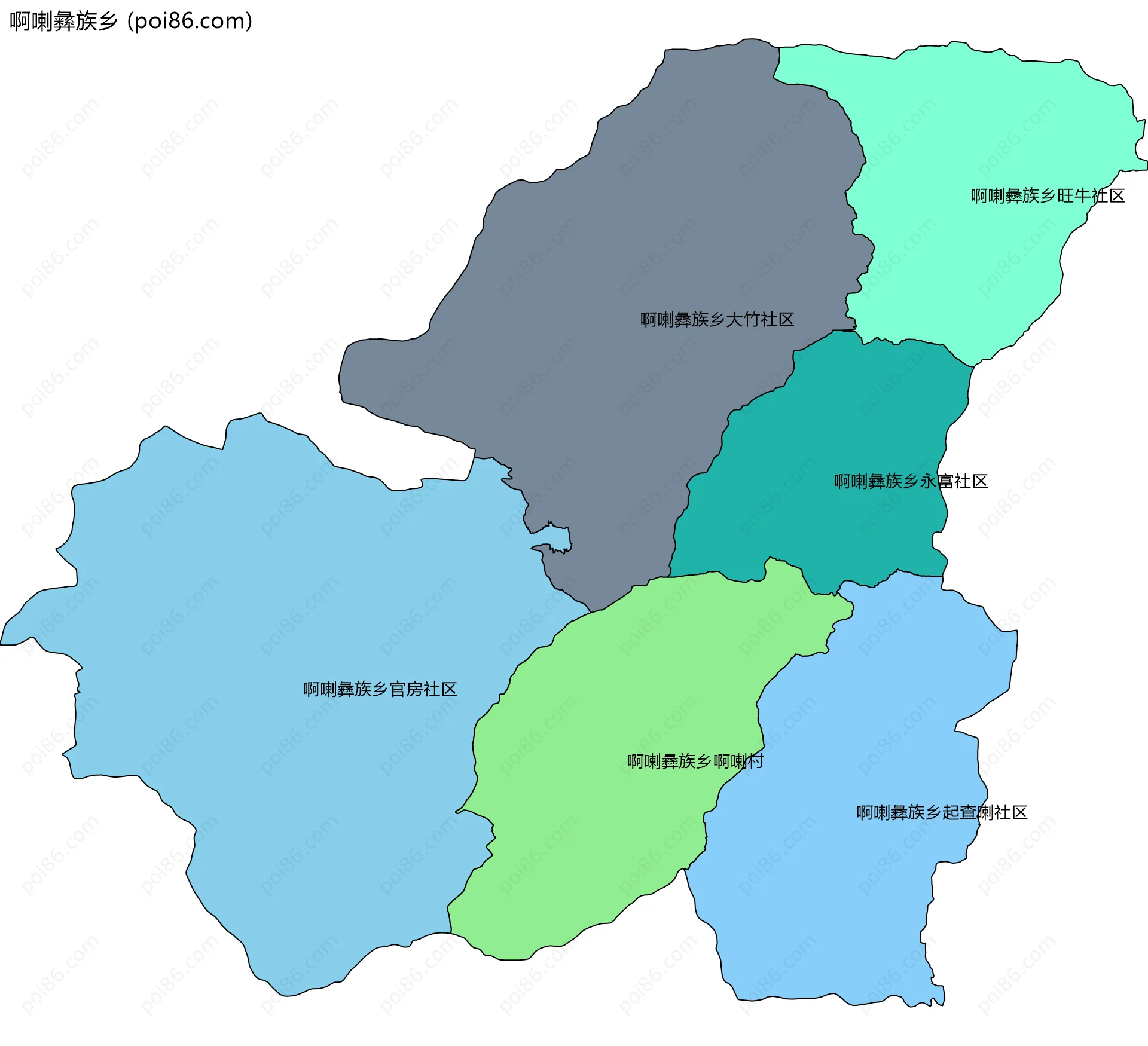啊喇彝族乡边界地图(五级行政区划)