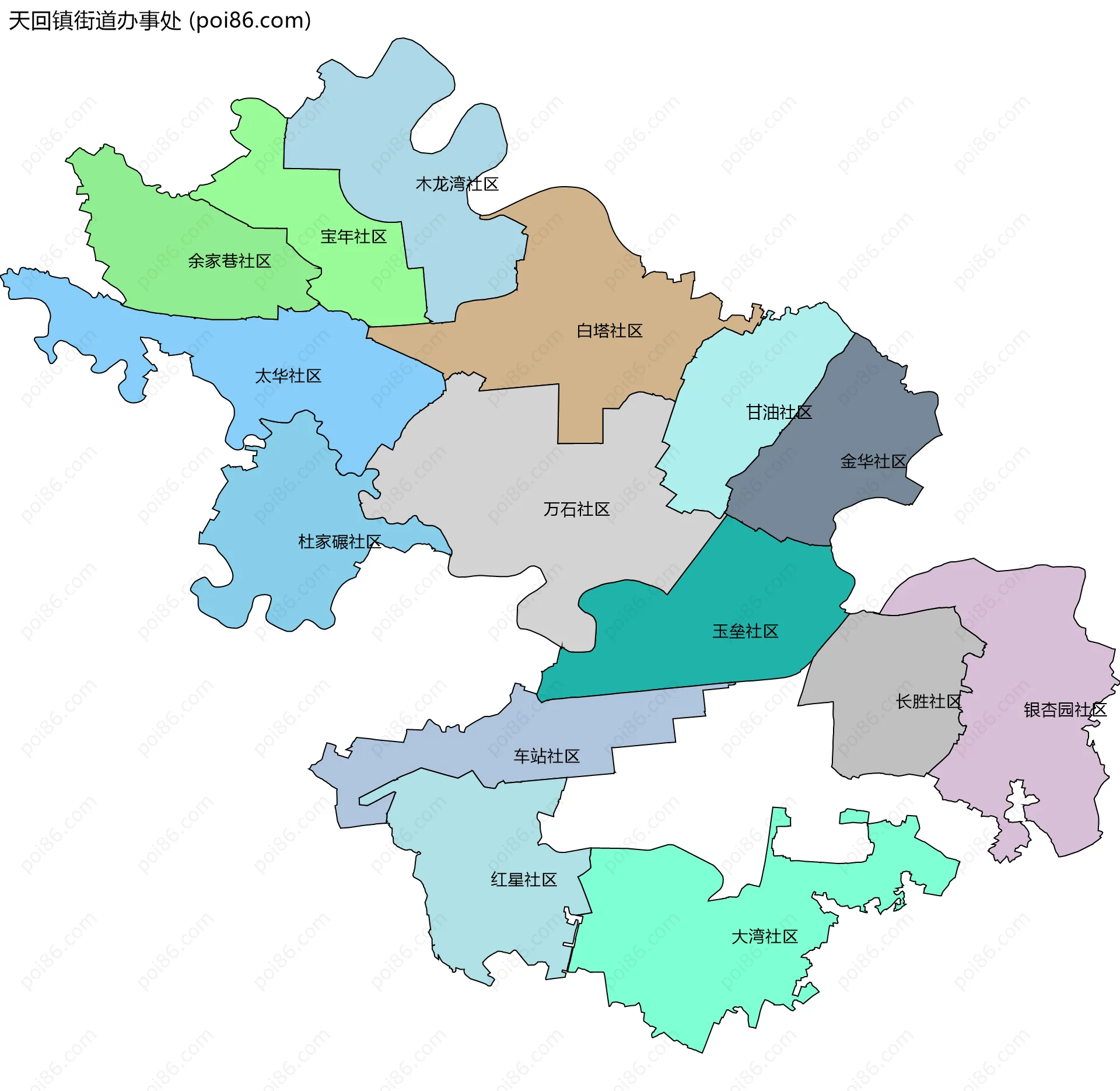 天回镇街道办事处边界地图(五级行政区划)
