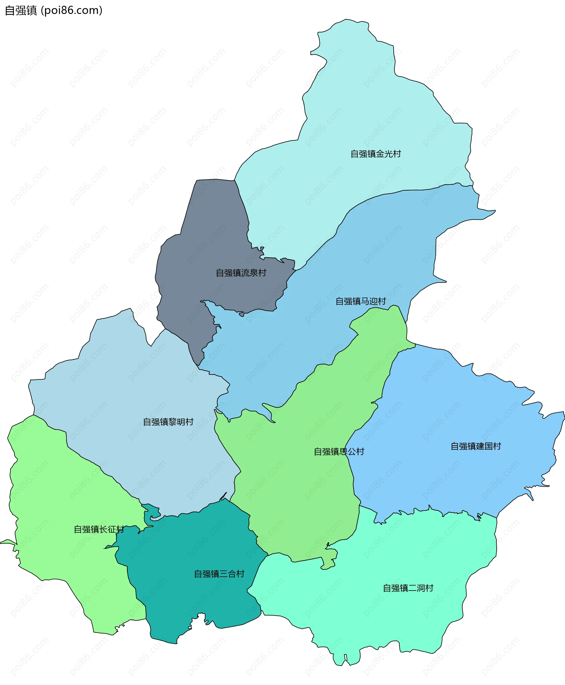 自强镇边界地图(五级行政区划)