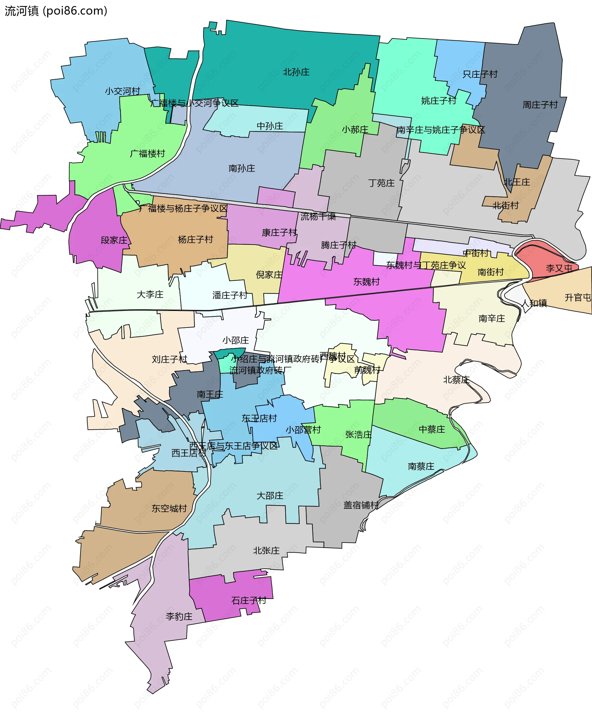 流河镇边界地图(五级行政区划)