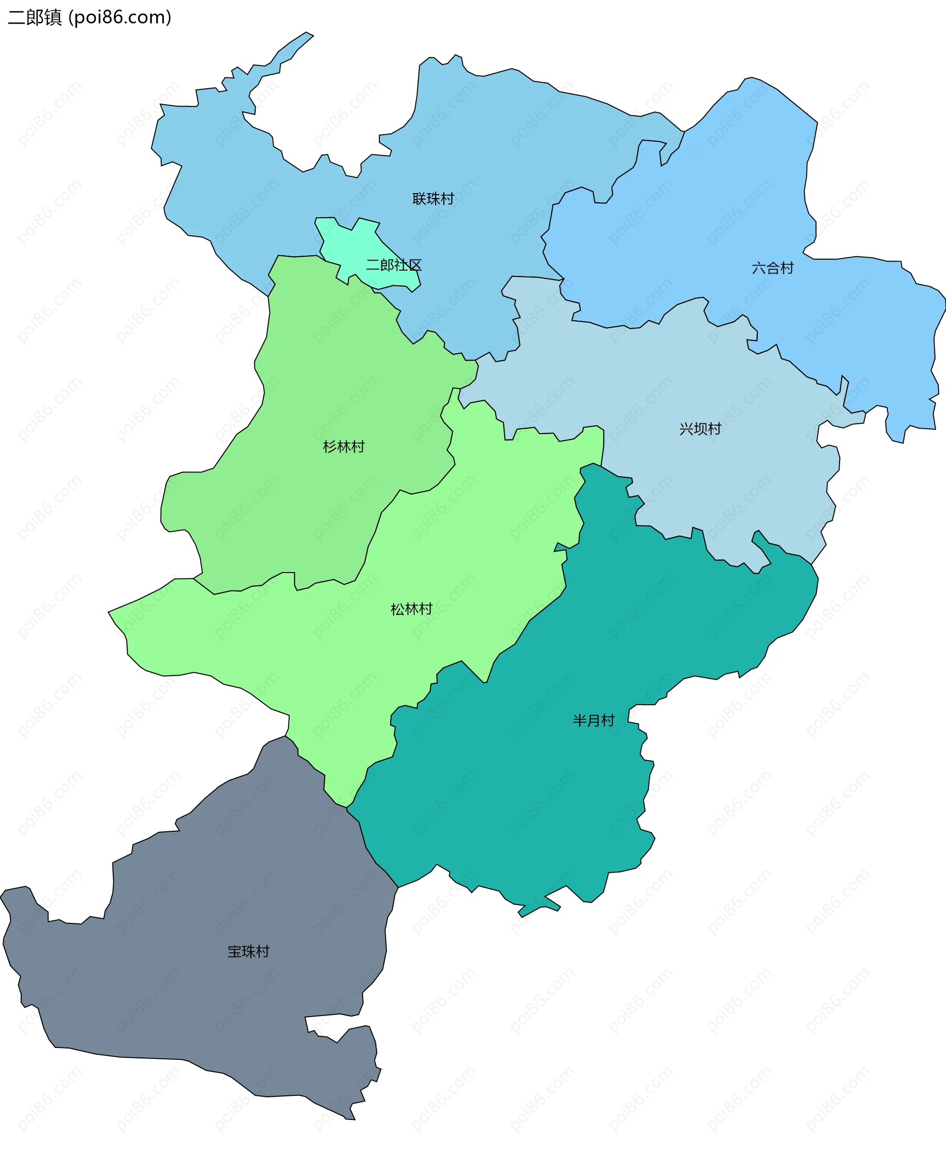 二郎镇边界地图(五级行政区划)