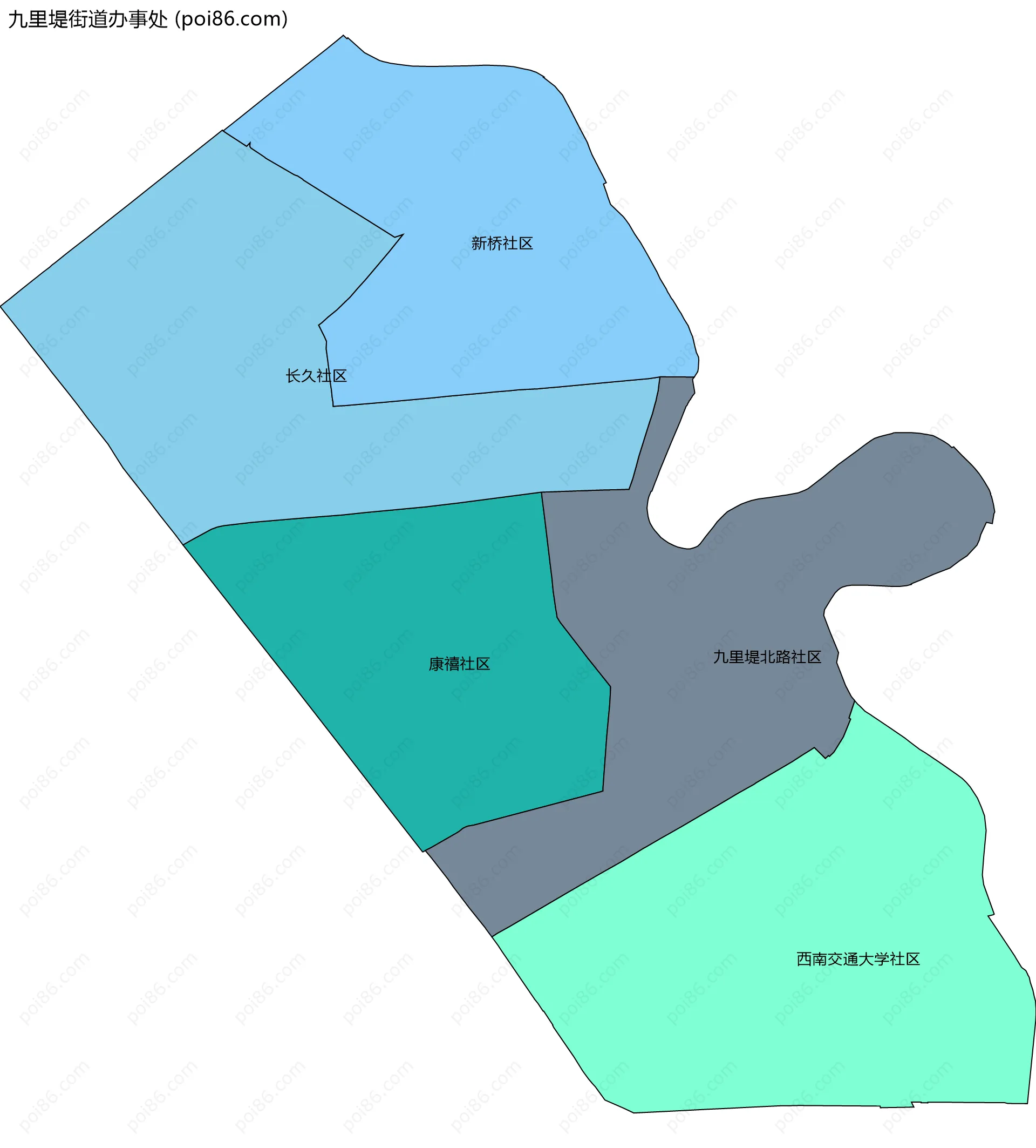 九里堤街道办事处边界地图(五级行政区划)