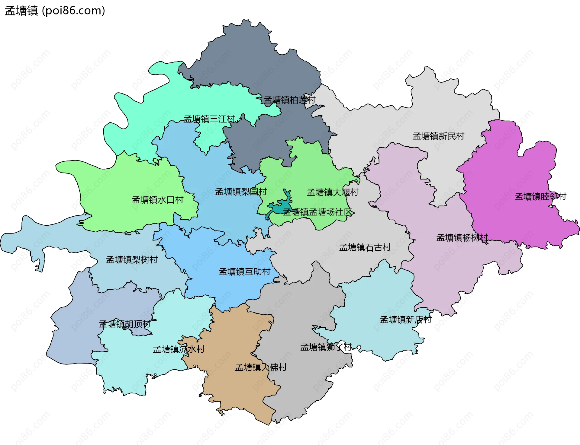 孟塘镇边界地图(五级行政区划)