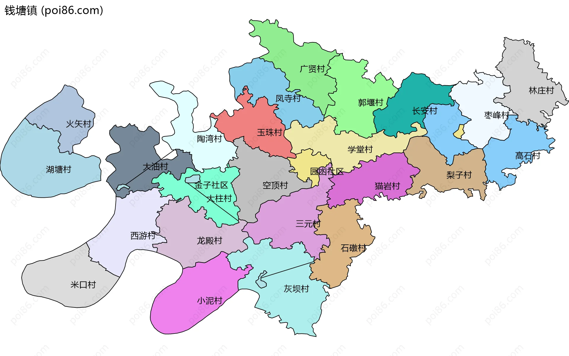 钱塘镇边界地图(五级行政区划)