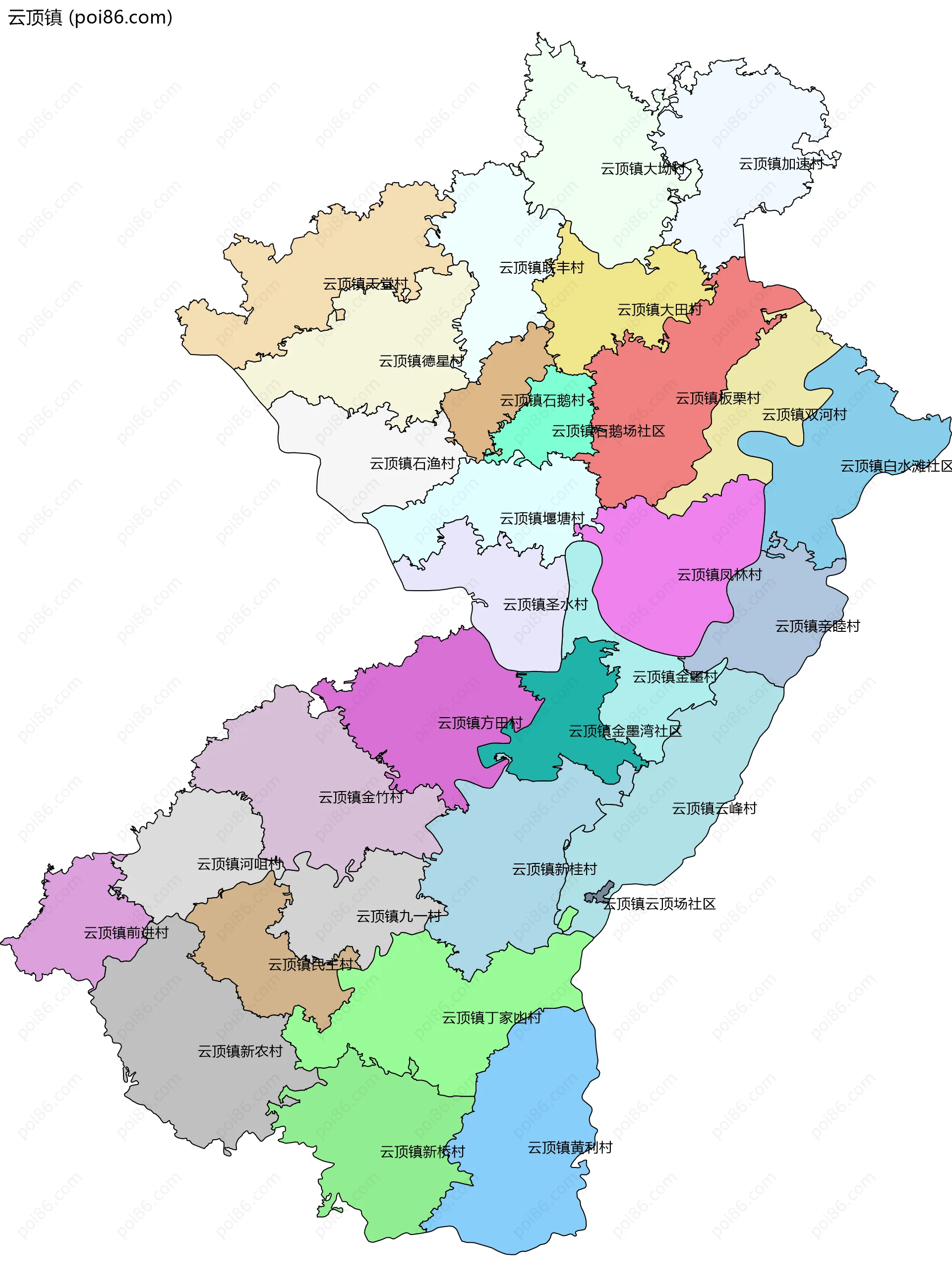 云顶镇边界地图(五级行政区划)