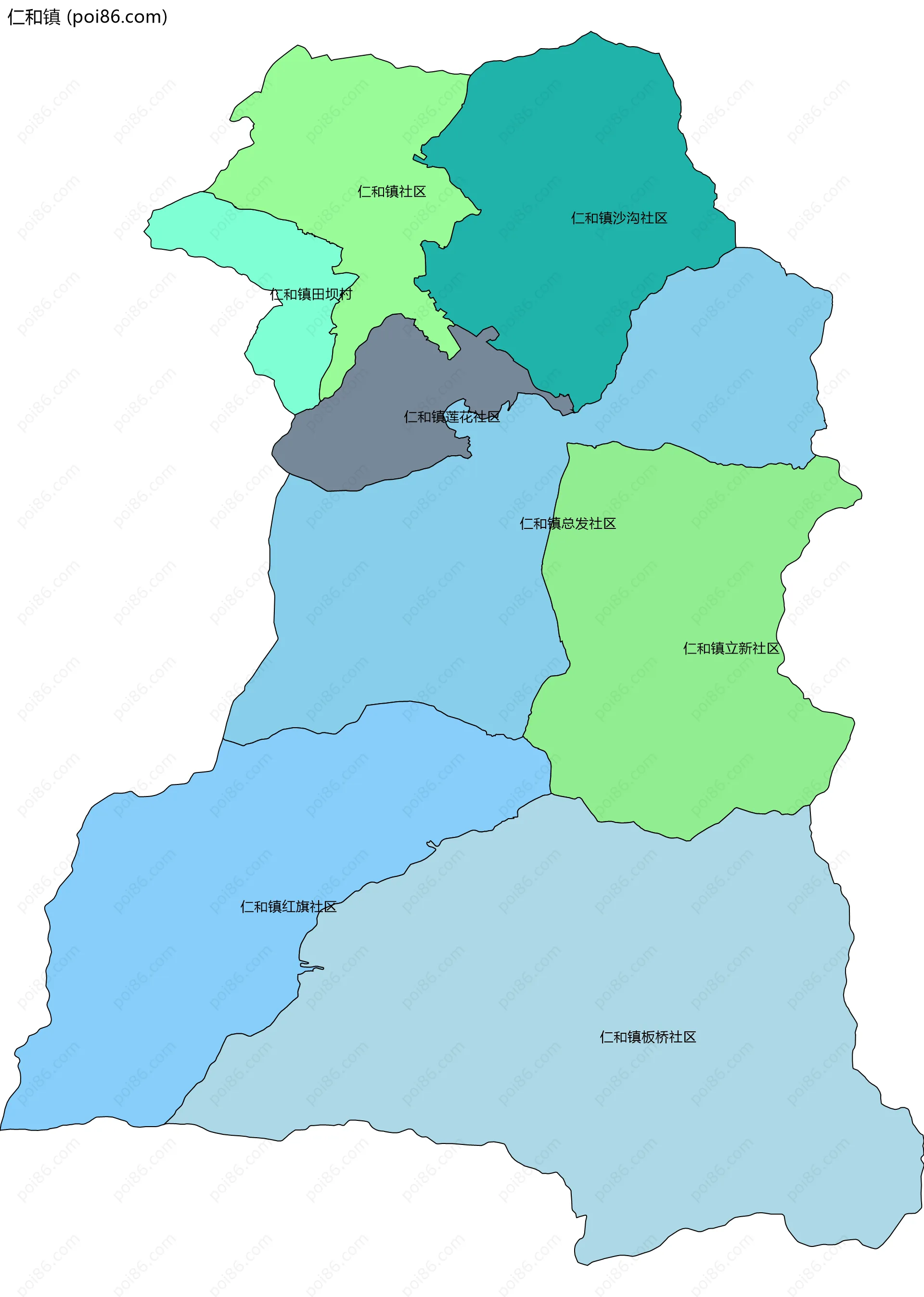 仁和镇边界地图(五级行政区划)