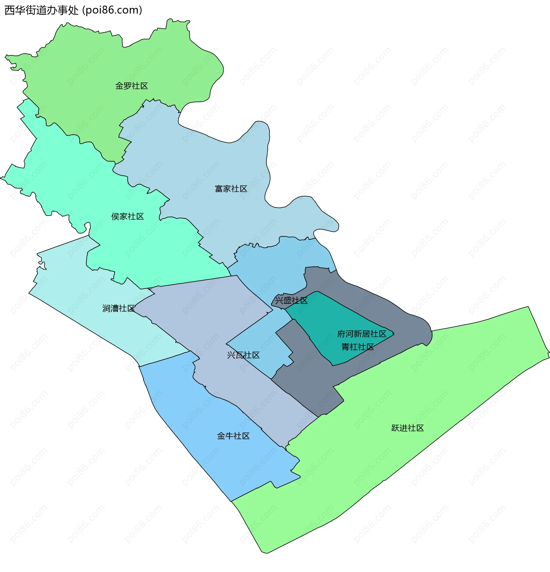 西华街道办事处边界地图(五级行政区划)