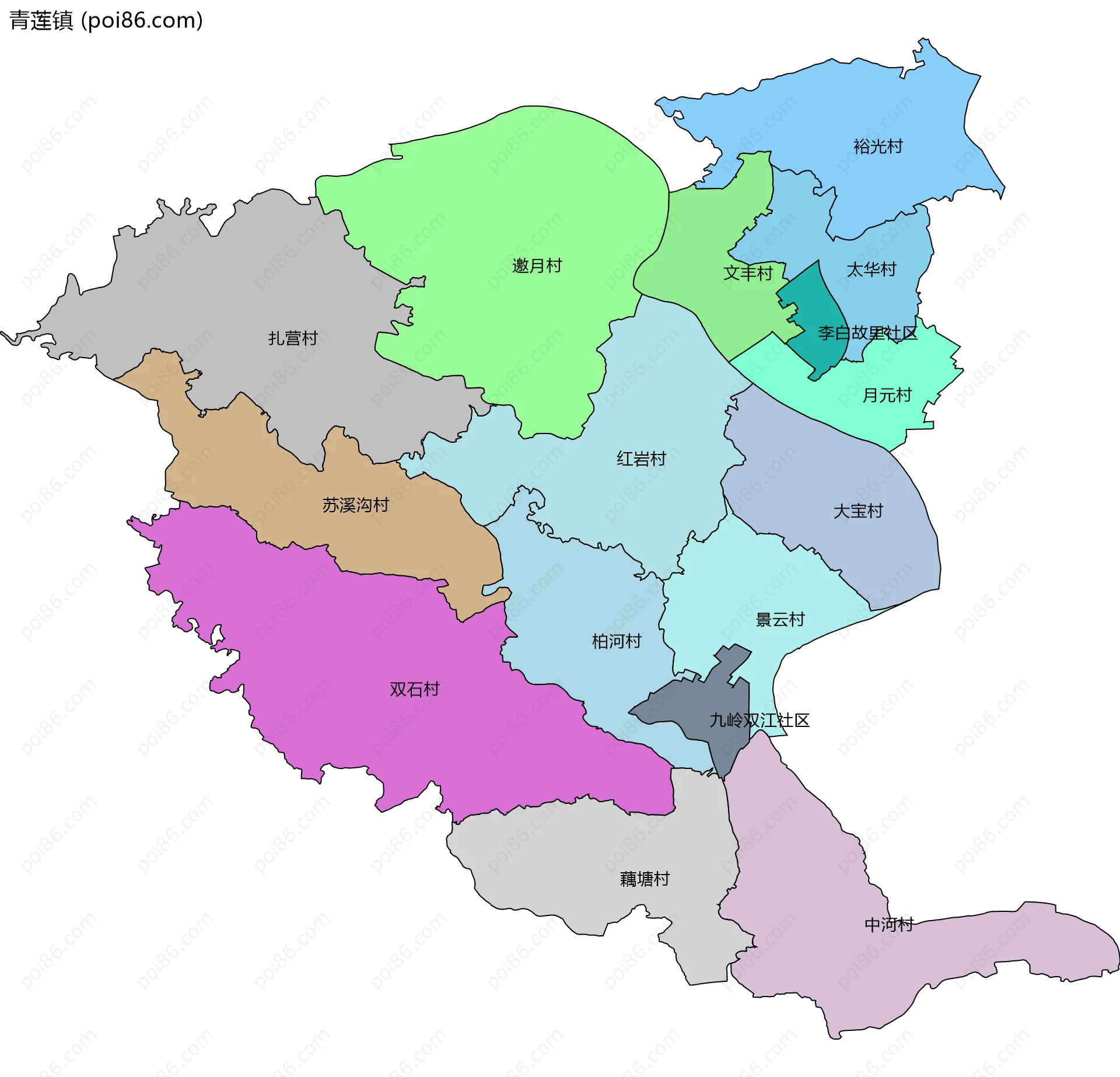 青莲镇边界地图(五级行政区划)