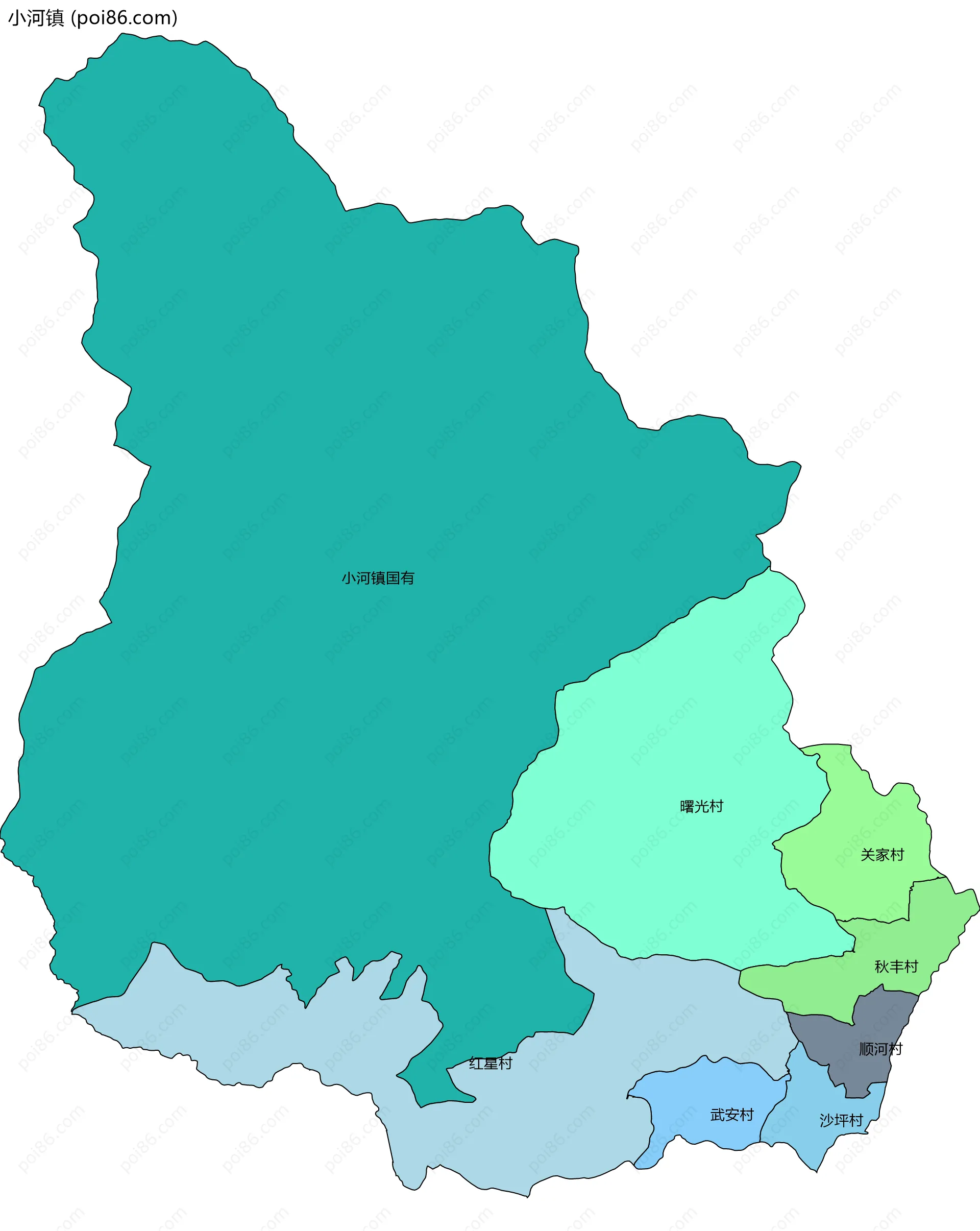 小河镇边界地图(五级行政区划)