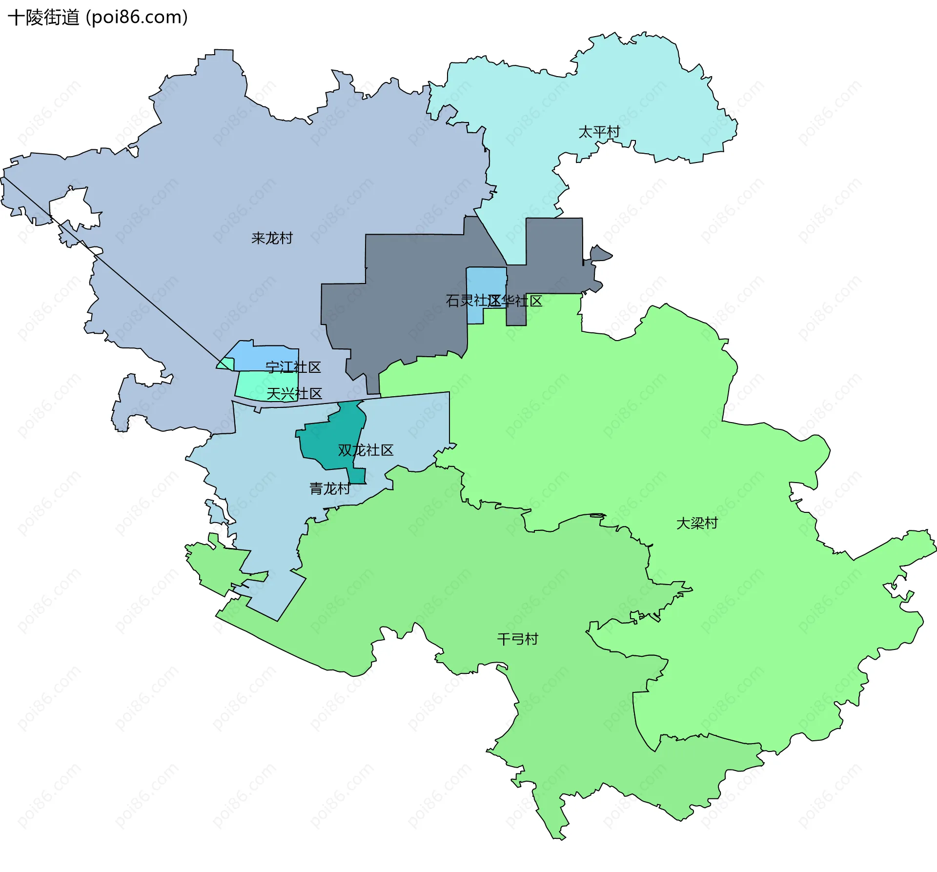 十陵街道边界地图(五级行政区划)