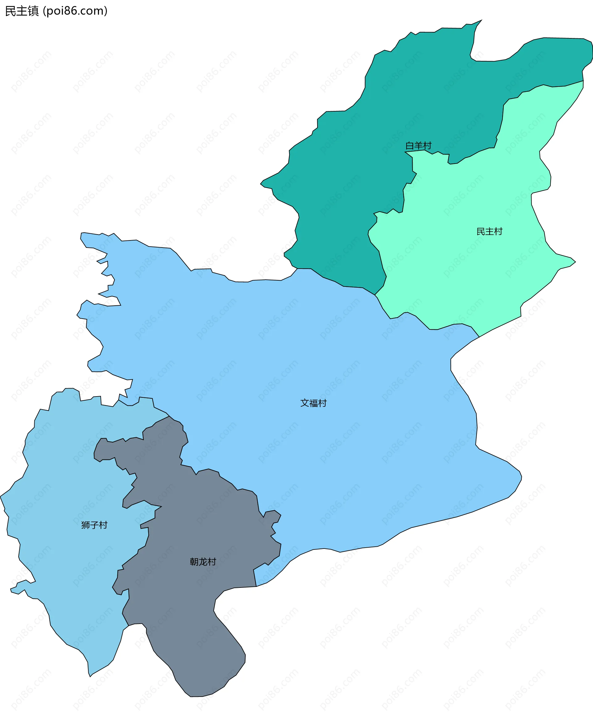 民主镇边界地图(五级行政区划)