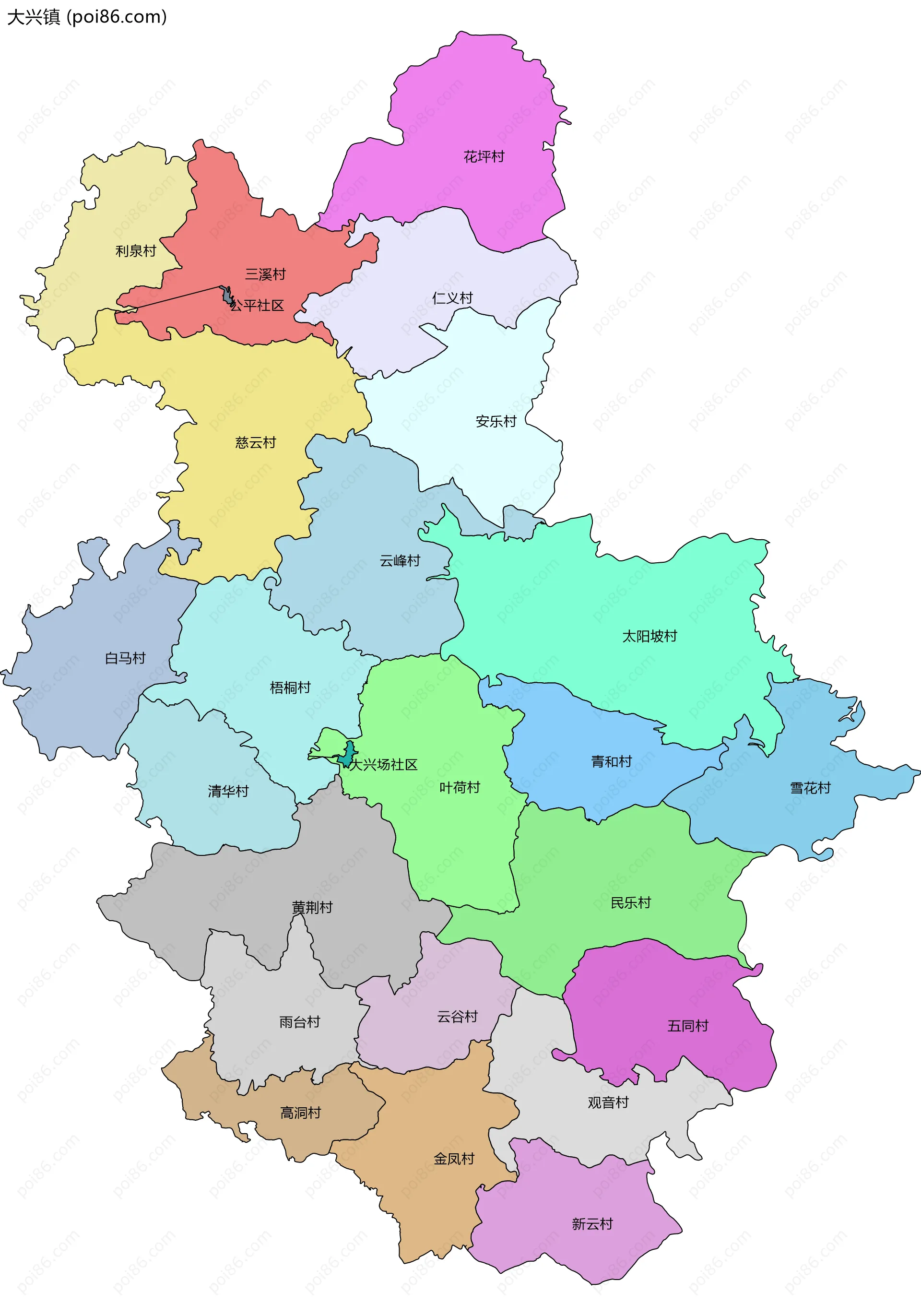 大兴镇边界地图(五级行政区划)