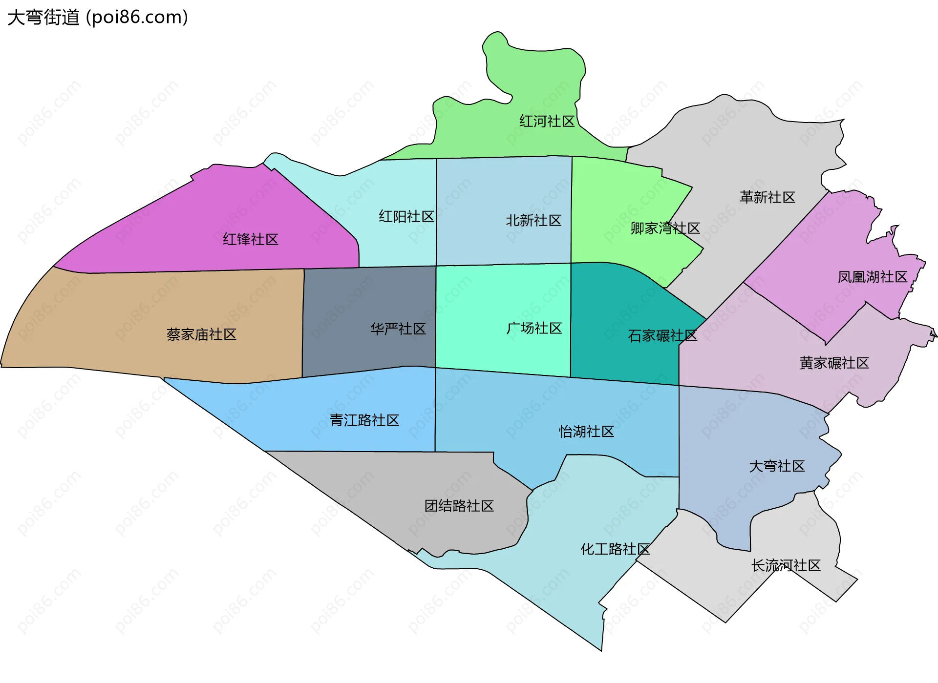 大弯街道边界地图(五级行政区划)