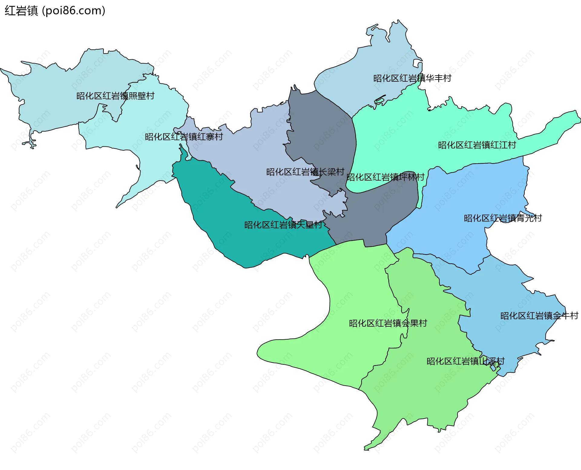 红岩镇边界地图(五级行政区划)