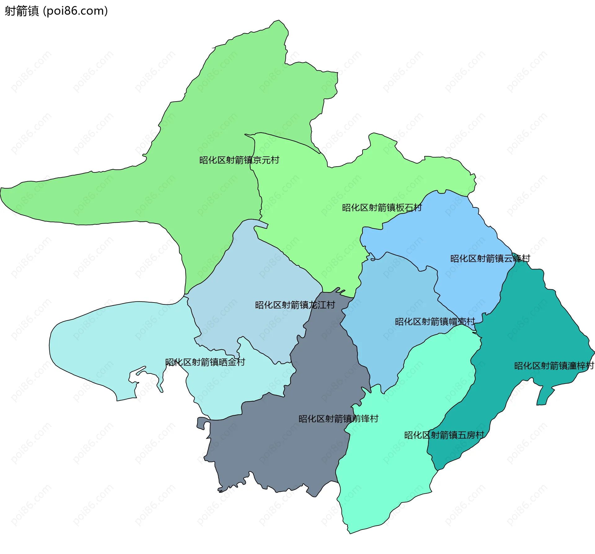 射箭镇边界地图(五级行政区划)