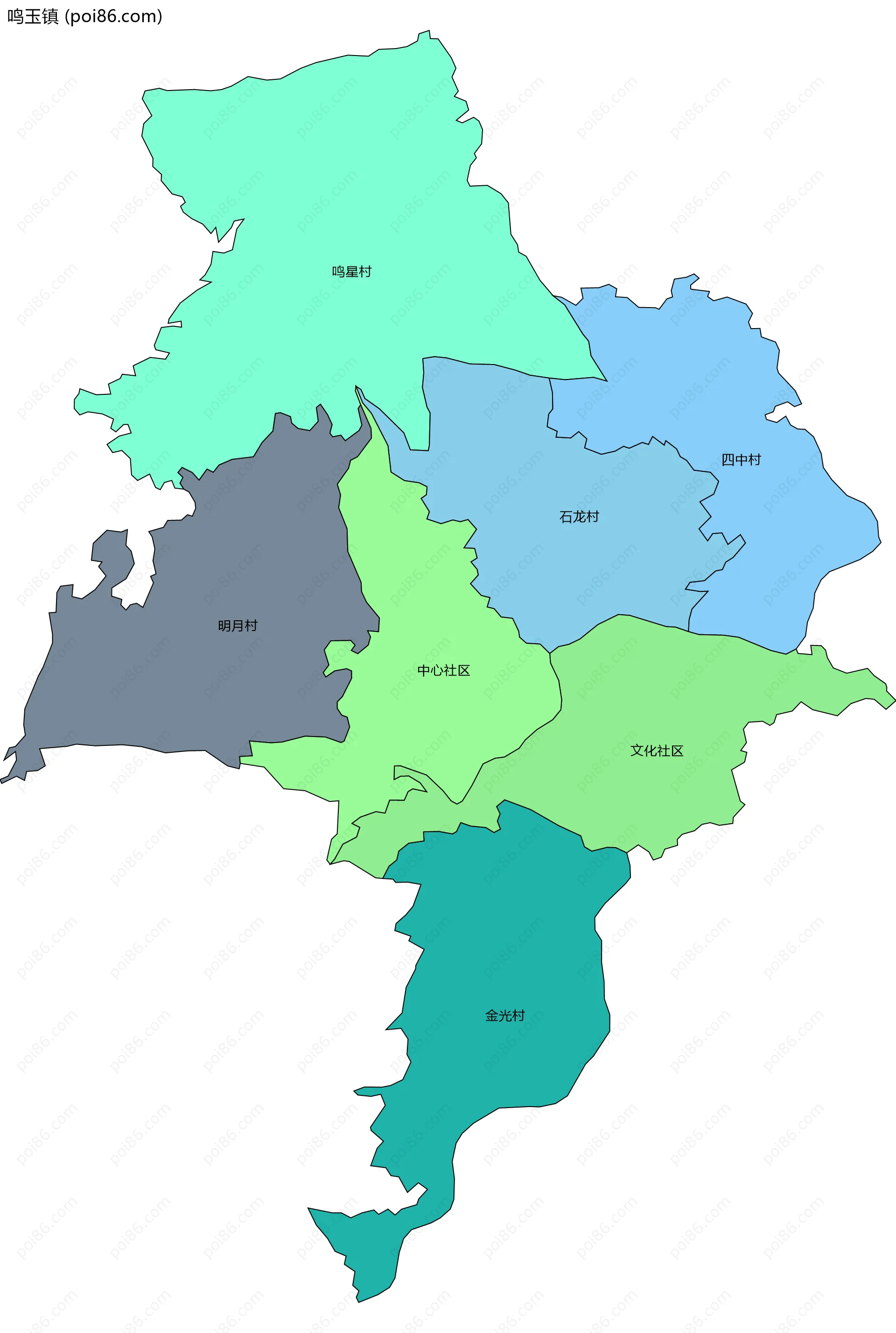 鸣玉镇边界地图(五级行政区划)